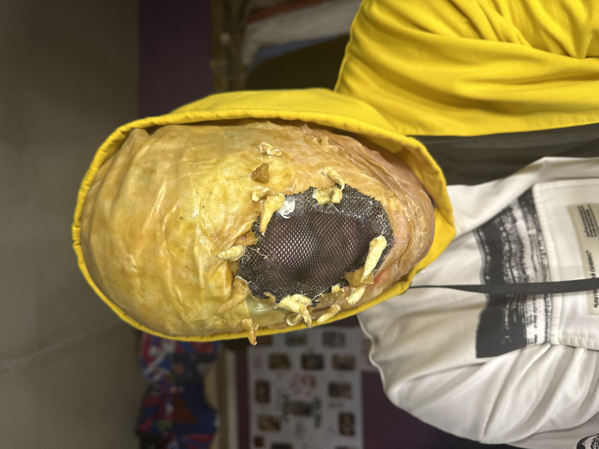 The image displays a close-up of a bizarre, possibly grotesque, prop or costume element. The central subject is a large, irregularly shaped object, predominantly yellowish-brown with a textured, slightly wrinkled surface, resembling aged organic material. It is partially enveloped by a vibrant, bright yellow fabric, likely a hood or collar, which frames the object.
A prominent feature on the yellowish object is a circular, dark mesh-like opening, situated towards the center. Around this opening, numerous small, pointed, off-white protrusions are visible, strongly resembling sharp teeth or bone fragments, giving the object a monstrous or unsettling appearance. These "teeth" vary in size and shape, with some appearing more pointed and others blunter.
Below the yellow fabric, a white garment is visible, featuring a bold, black, brushstroke-like design. Upon closer inspection, several lines of text are discernible on this white garment. Clearly visible are the words "*UNITED AB ORIGINAL*", and other partial phrases like "PROPERTY OF", "MADE IN", and "FREE FROM" are hinted at.
The background is blurred, showing indistinct indoor elements with muted colors such as grey, purple, and brown, suggesting a room or workshop setting. No specific activity is taking place; the image is a static shot of the item. The lighting appears to be artificial, typical of an indoor environment, and provides no indication of the time of day or weather. The overall impression is of a prop for a horror-themed costume, theatrical production, or artistic display.