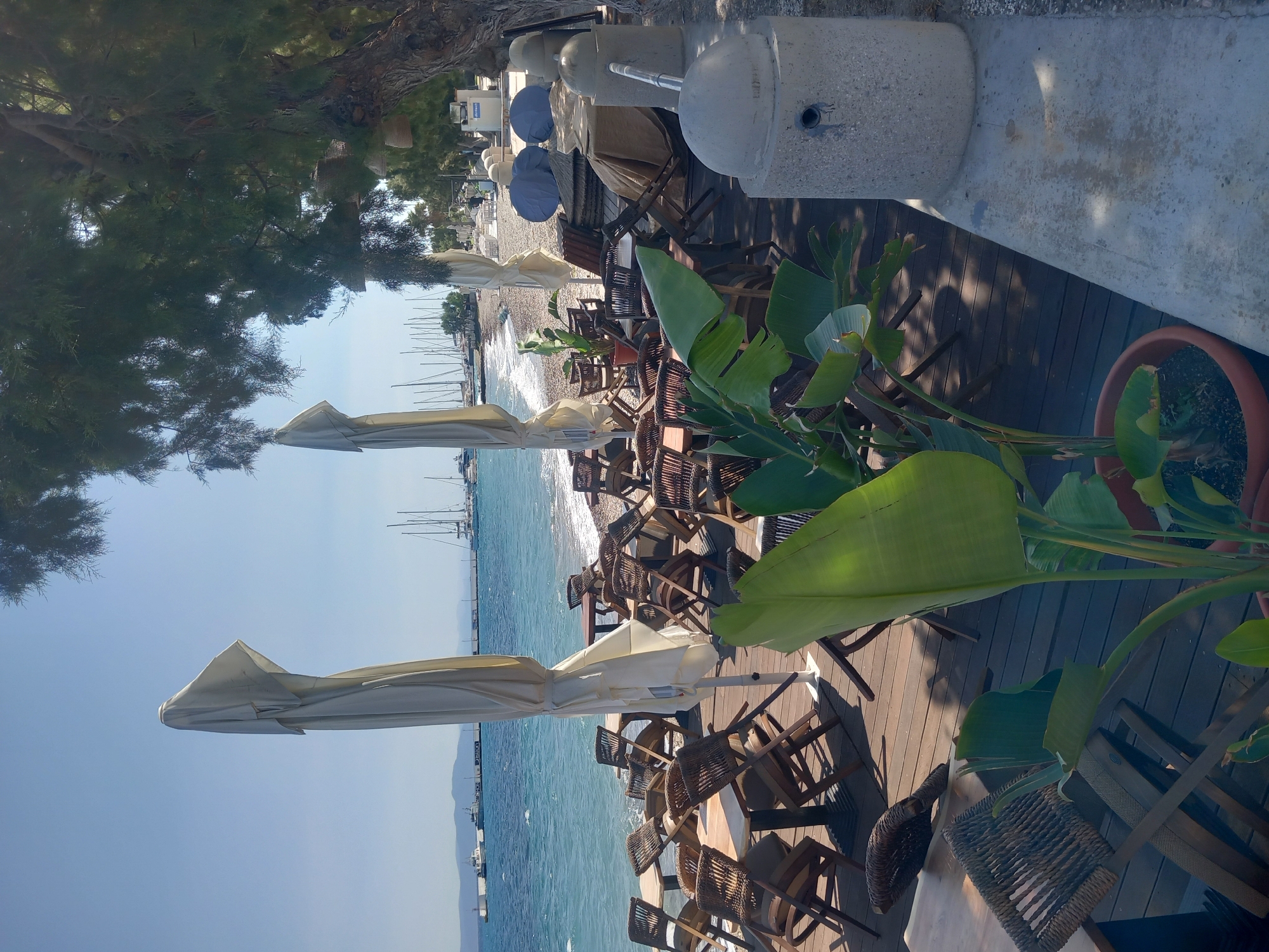 The image captures a seaside outdoor dining area in Kos, Greece, likely a restaurant or cafe situated on a wooden deck bordering a pebble beach and the Aegean Sea. Numerous tables and chairs, many made of woven wicker, are arranged on the deck. Some tables are small and square, paired with chairs, while others appear larger. Several large, beige canvas umbrellas are folded and covered, suggesting the establishment might be closed or preparing for inclement weather.
The sea is a vibrant turquoise blue, with gentle waves lapping at the shore. In the distance, numerous sailboats are anchored or sailing, their masts creating a distinctive silhouette against the clear blue sky. A few larger vessels, possibly ferries or cargo ships, are also visible further out. The coastline is lined with trees and vegetation, providing shade and natural beauty.
On the right side of the image, concrete structures resembling planters or decorative elements are visible along the edge of the deck. One such structure has a water faucet. The overall atmosphere is serene and idyllic, characteristic of a Mediterranean coastal town. The sun is high, casting distinct shadows from the chairs and tables onto the wooden deck. There are no people clearly visible in the foreground, but some distant figures can be observed walking along the beach or in the background. The setting suggests a tranquil day at the seaside.