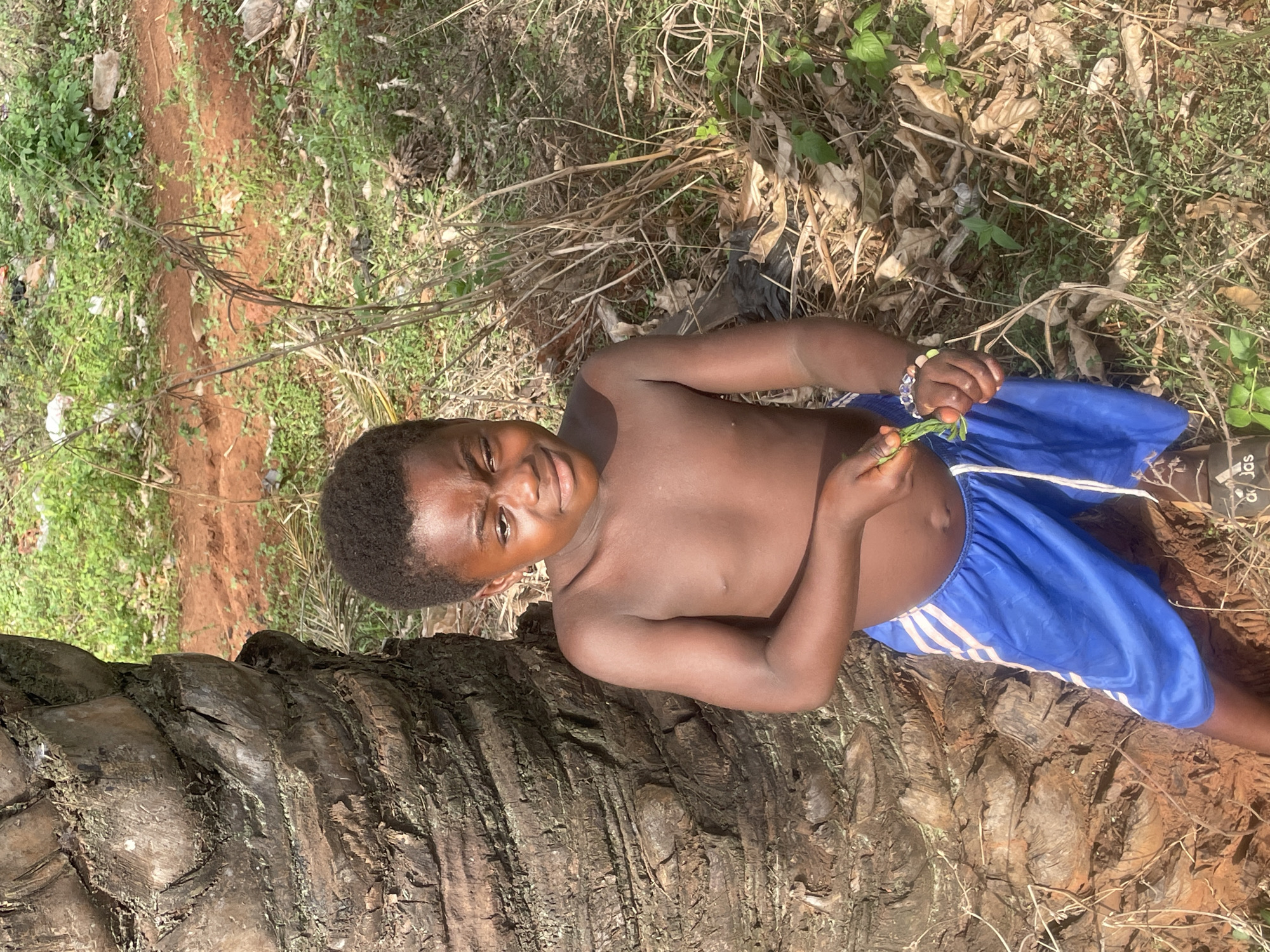 A young, shirtless, dark-skinned boy lies on a fallen tree trunk in what appears to be a natural outdoor setting in Ogbe, Nigeria. He is wearing blue shorts with white stripes. He is holding green leaves in his hands and is smiling. The environment includes green vegetation, dried leaves, and a reddish-brown dirt path.