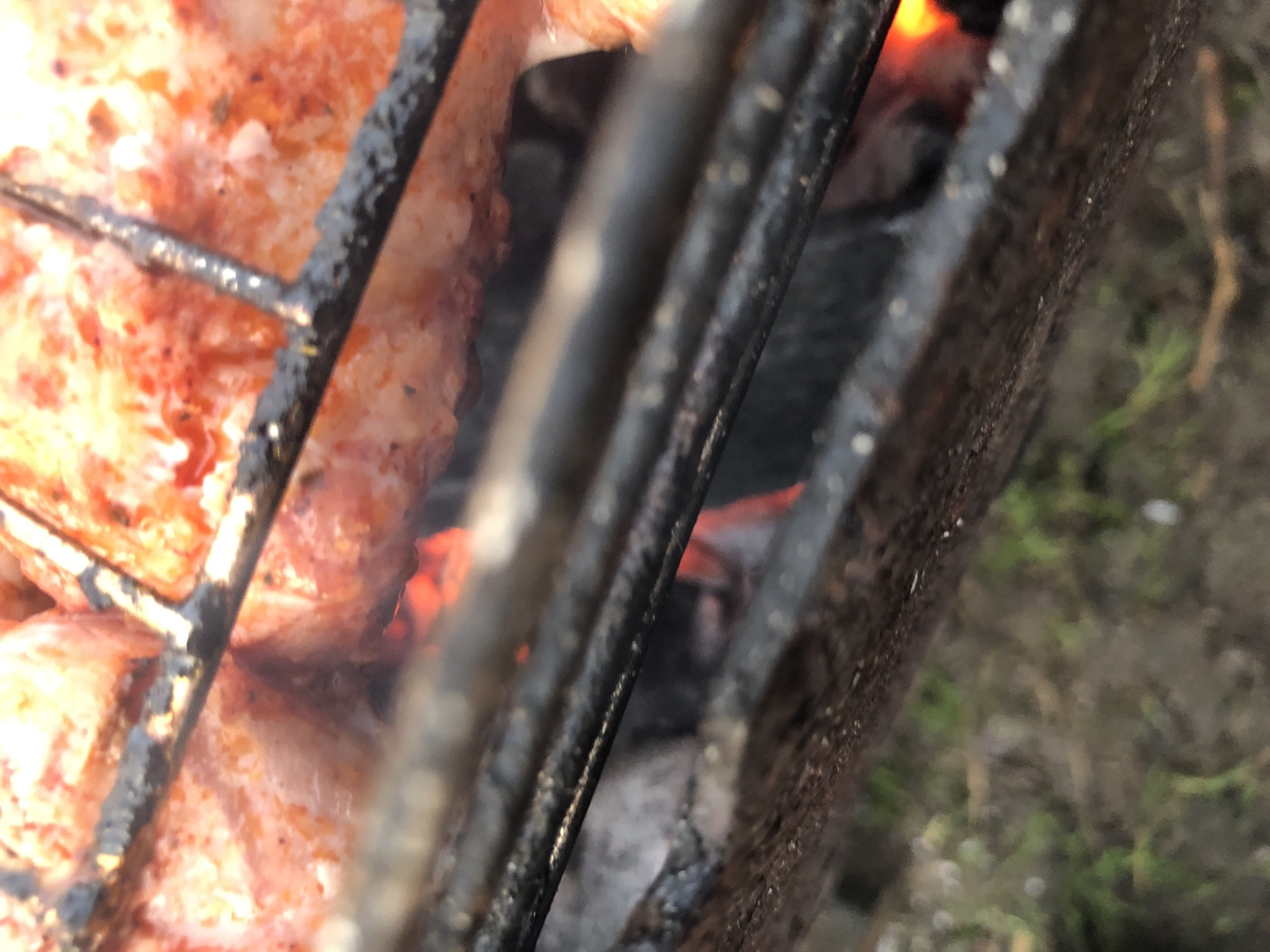 A close-up, low-angle, and slightly tilted photographic capture depicts several pieces of cooking meat, likely sausages, positioned on dark, charred metal grates over an active charcoal fire. The meat exhibits reddish-orange hues, suggesting ongoing cooking, with some areas appearing lighter. Below the grates, vibrant orange and red glowing embers are visible, emitting heat and light. Smoke or haze rises from the heat source. The metal grates are dark, worn, and partially obscured by the foreground. In the blurry bottom left, patches of green vegetation mixed with dark earth indicate an outdoor ground surface beneath the grill structure. No individuals are visible within the frame.