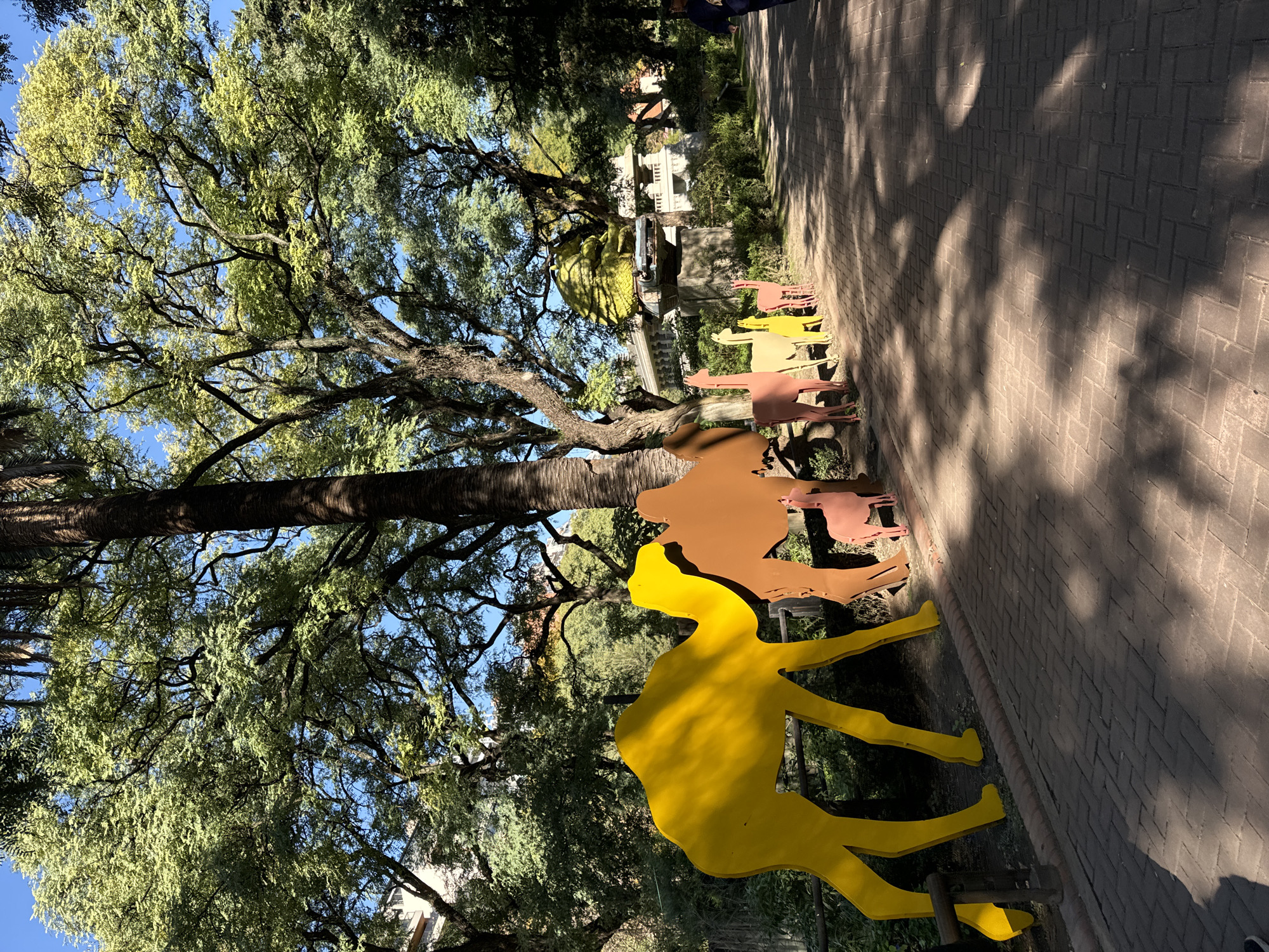 A sidewalk in Buenos Aires, Argentina, is lined with metal animal silhouettes of varying colors. The foreground features a large yellow animal, possibly a llama. Behind it are brown and pink animal silhouettes. The sidewalk, constructed of brick, is partially shaded by trees. Tall trees with dense foliage dominate the left side of the frame, with glimpses of buildings visible in the background. The scene is bathed in natural sunlight. The precise location in Buenos Aires is not evident from the image alone.