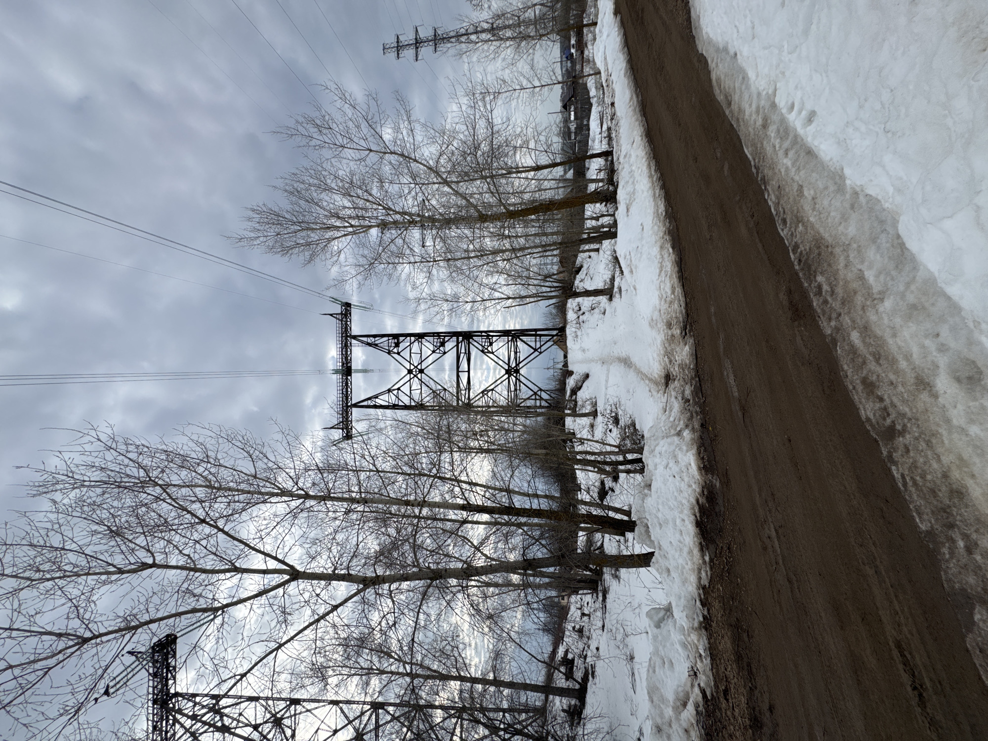 The image shows a winter scene, likely in a suburban or rural area, near the city of Chaikovsky, Russia. Power line towers are visible against a cloudy sky, with bare trees situated between the towers and a path or road. The ground is covered in snow, with a dirt or mud path running alongside the snowbank. No people are visible.
