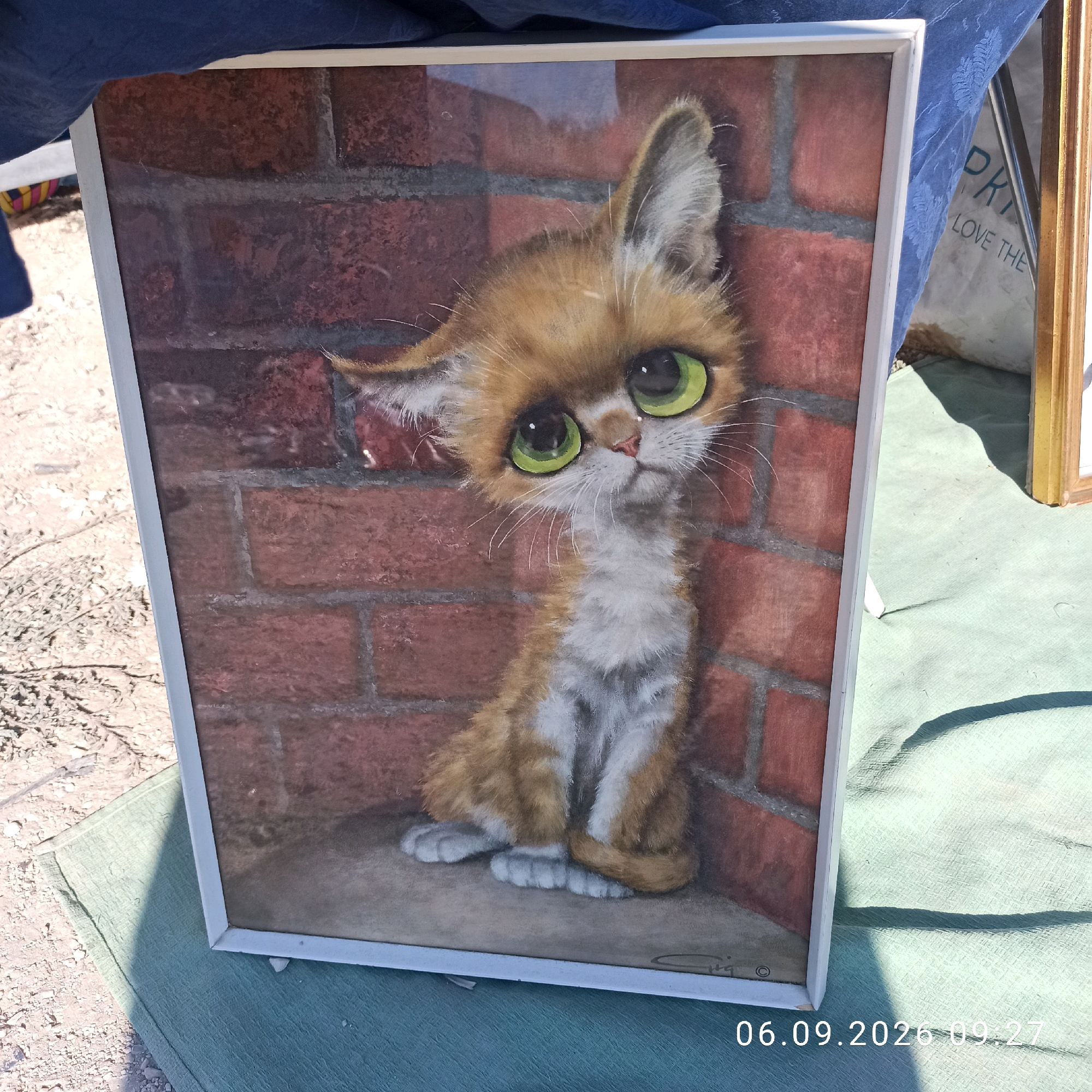 The image shows a framed painting of a cartoonish cat with large green eyes and orange and white fur, leaning against a brick wall. The painting is placed on a light green textured fabric. In the background, to the right of the painting, is a hint of another framed object with a gold frame and part of a white canvas bag with the words "PR LOVE THE". The scene appears to be outdoors, with a sandy, dry ground visible on the left side of the frame. The lighting suggests it is daytime. A timestamp "06.09.2026 09.27" is overlaid on the bottom right of the image. The location is specified as Sannicandro di Bari, Italy.
