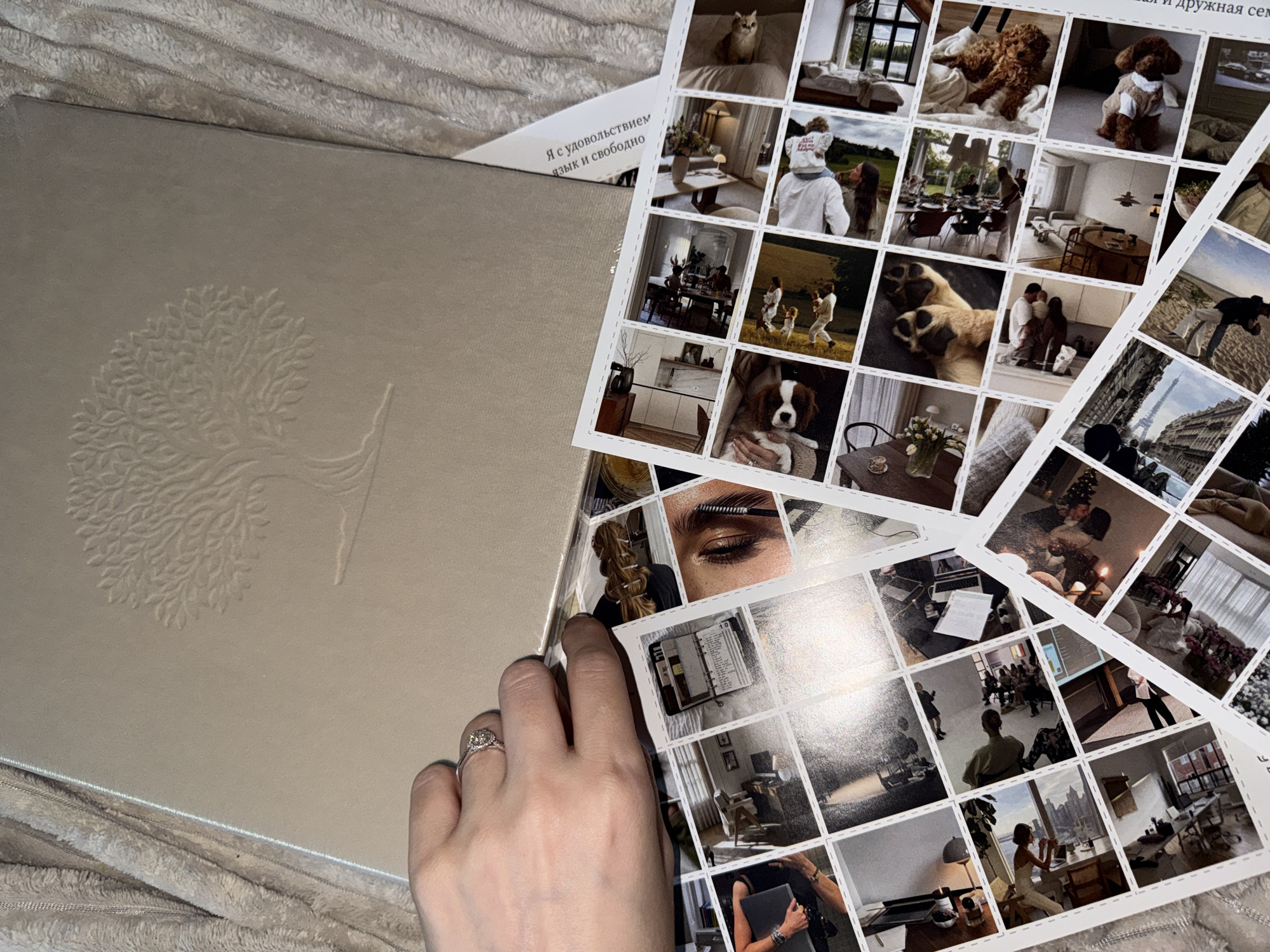 A hand with a diamond ring rests on a beige album with a tree embossed on its cover, which is placed on a textured beige blanket. Several sheets of paper with multiple small photographs are spread out on top of the album. Some of the photographs show interior scenes, while others feature animals and people. A strip of paper with Russian text is visible on the right side of the image. The scene appears to be indoors, with no specific city or location indicated.