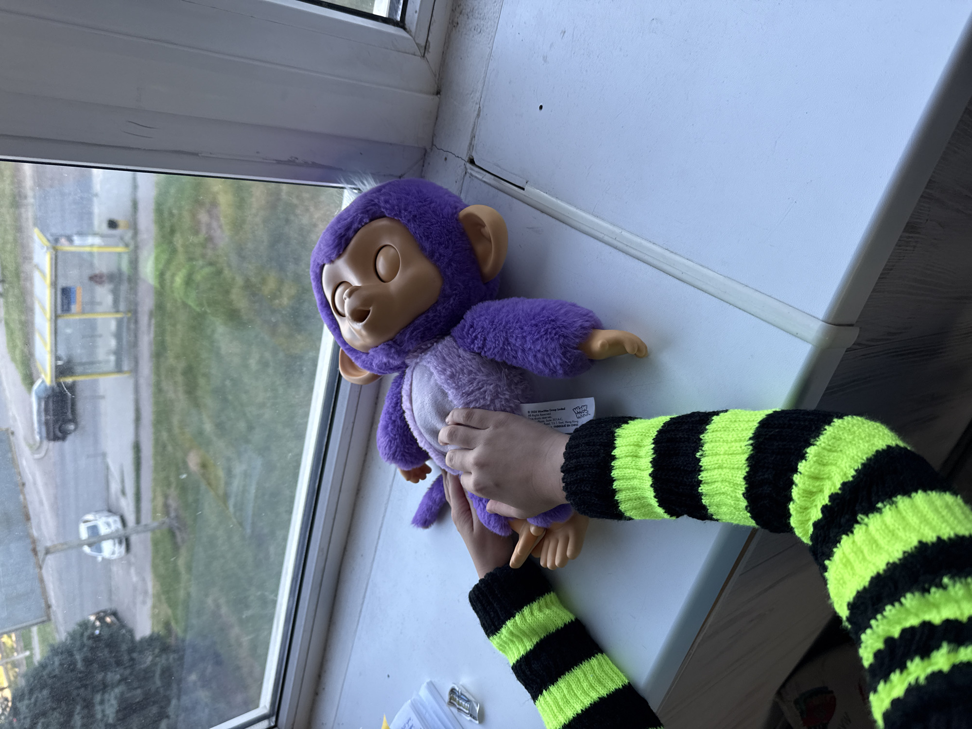 A person's hands, wearing black and neon green striped sleeves, are holding a purple plush monkey toy on a windowsill. The monkey is positioned on its back, with its legs extended. The toy has a soft, fuzzy purple body and head, with tan-colored ears and face. Its eyes are closed, and its mouth is slightly open, giving it a surprised expression. The toy has a tag attached to its back, but the text is mostly illegible.
The windowsill is white and appears to be made of plastic. Outside the window, a view of a street with a road, some grassy areas, and buildings can be seen. The lighting suggests it is daytime, possibly overcast or late afternoon. The scene is viewed from a slightly elevated angle, looking down and out the window. The overall impression is that of a child playing with a toy indoors, near a window.
There is some text visible on the tag of the toy, which appears to be a copyright notice and "Made in China." Additional text on the tag includes "WowWee Ltd." and a logo that is difficult to discern. The location context of Dnipro, Ukraine, is not directly discernible from the image itself, but provides background information.