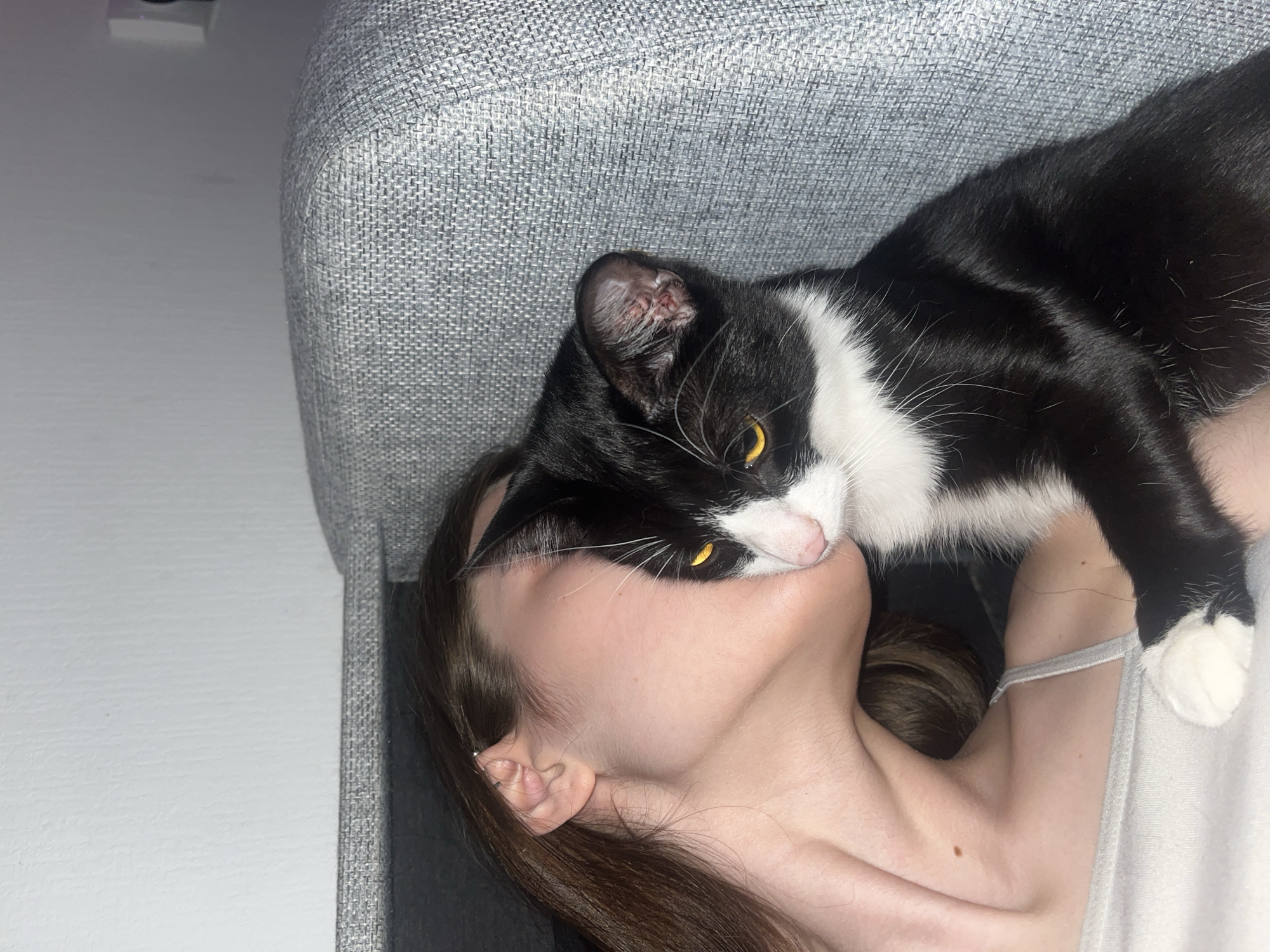 A woman lies on a gray upholstered surface, possibly a couch or chair, with a black and white cat resting on her neck and shoulder. The woman is fair-skinned with brown hair. The cat has yellow eyes, black fur with white markings on its face, chest, and paws. The background includes a white wall. The scene appears to be indoors, likely a home. There is no indication of the city of Saint Petersburg, Russia.