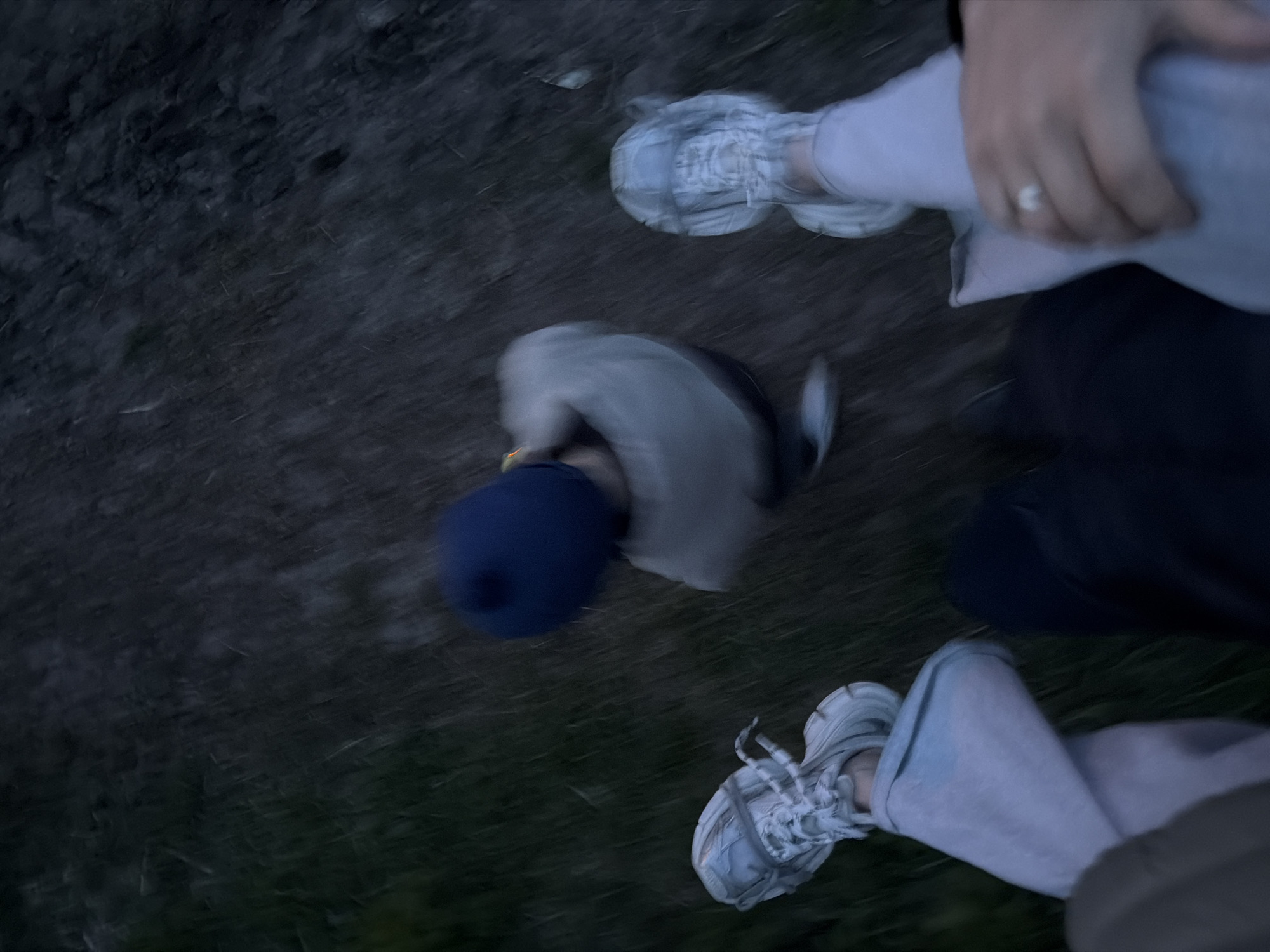 The image, likely taken from above, shows two people walking on a dark, grassy surface. One person is wearing light-colored sneakers and light-colored pants, while the other is wearing a dark blue hat, light-colored clothing, and appears to be either walking with or leading a dog. The location is unknown, but the user suggested Dodonovo, Russia. The picture seems to be taken in motion, giving a blurred effect. The focus is on the movement and the footwear.