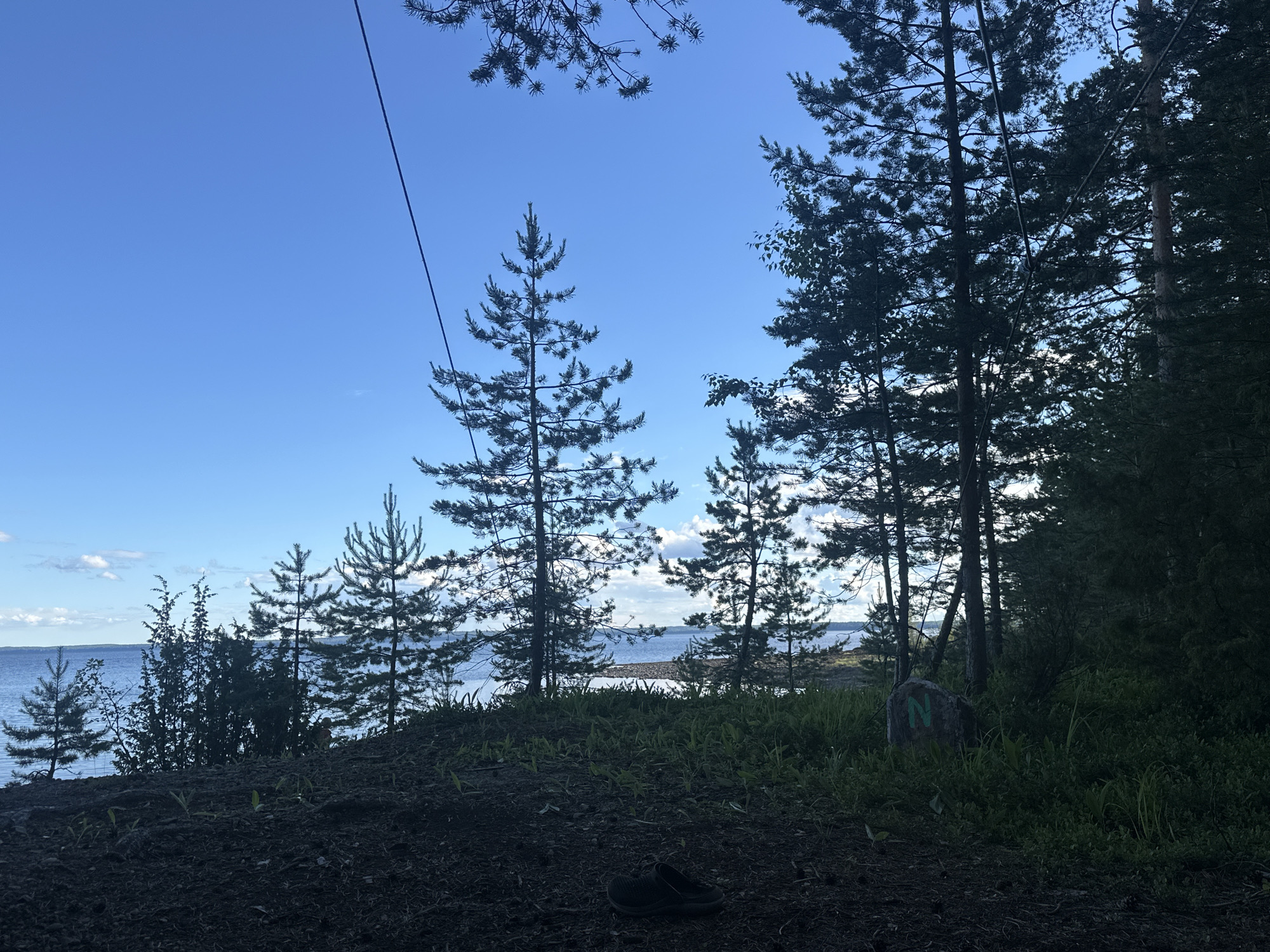 The image depicts a natural scene at Soanlakhti, Russia, featuring a body of water, trees, and a clear blue sky. The foreground is dark and covered with soil and some green sprouts, with a pair of dark slip-on shoes resting on the ground. Behind the foreground, a gentle slope leads to a shoreline lined with various types of trees, including pines and other coniferous varieties. The trees are silhouetted against the bright sky, creating a striking contrast.
The body of water, likely a lake or bay, stretches towards the horizon, with a faint line of land visible in the distance. The water appears calm, with a few scattered clouds in the sky suggesting fair weather. The time of day appears to be late afternoon or early evening, given the quality of light and the long shadows cast by the trees.
A notable detail is a large stone with the letter "N" painted in green on its surface, positioned among the dense greenery on the right side of the image. This stone might serve as a marker or a point of interest within the landscape. The overall mood of the image is serene and tranquil, evoking a sense of peace and connection with nature. There are no people visible in the image, and the focus is entirely on the natural environment and the few man-made objects present.