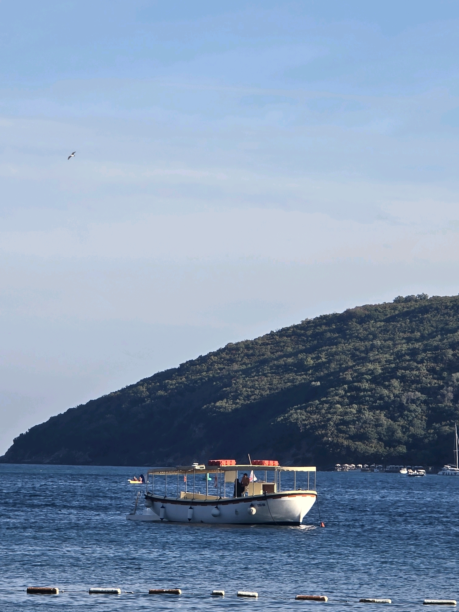 A medium shot captures a serene waterscape with a small boat in the foreground. The boat, white with a red stripe and a yellow canopy, is moored in calm, blue water. A person is visible on the boat. In the distance, a lush green, tree-covered mountain slopes into the sea. The sky is a clear, light blue with a few faint clouds. The scene appears to be a sunny day. The location is likely the coast of Budva, Montenegro, given the characteristic mountain and sea vista.