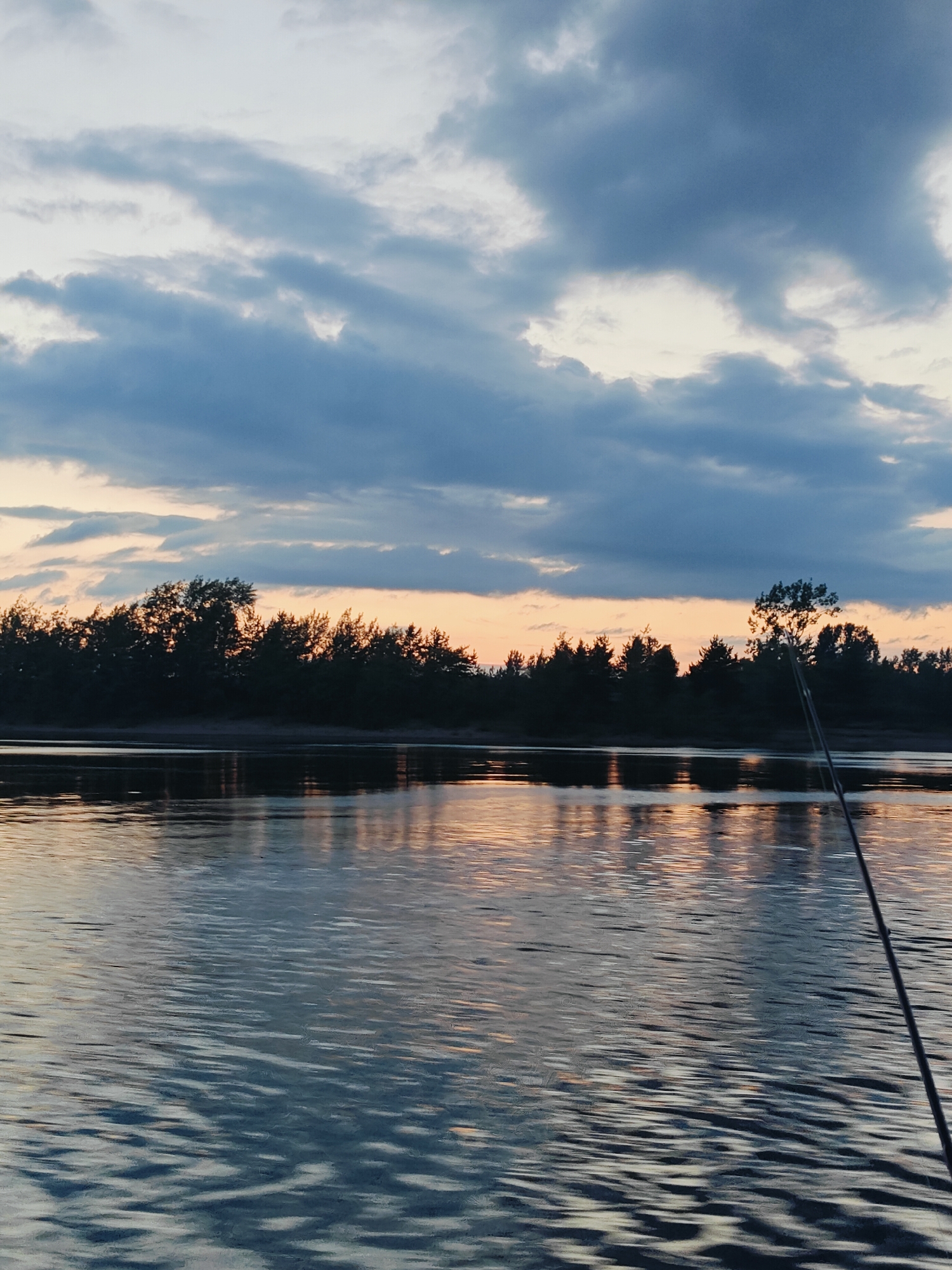 The image depicts a serene waterscape at dusk, with the silhouette of a treeline against a pastel sky. A fishing rod extends into the frame from the right, its tip angled towards the water. The water's surface is rippled, reflecting the muted colors of the sky and the dark outline of the trees on the horizon. The scene is set near Noviy, Russia, and captures a moment of quiet contemplation by the water's edge.