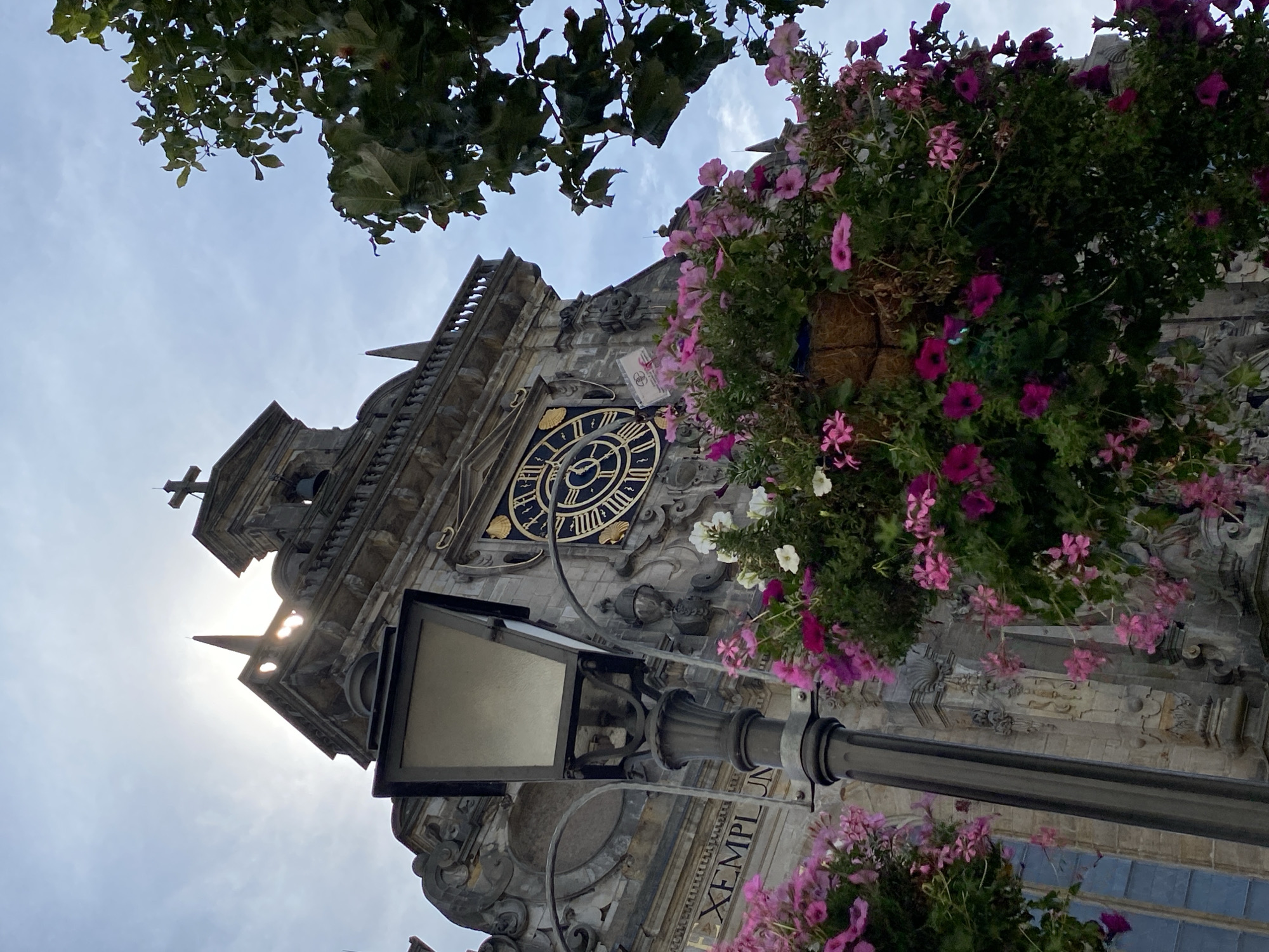 The image captures a low-angle view of the Bückeburg City Hall (Rathaus Bückeburg) in Germany. The sun is high and partially obscured by the building's facade, creating a bright halo effect. A prominent lamppost stands in the foreground, its lantern emitting a soft glow. Hanging baskets filled with vibrant pink and white petunias cascade down from the lamppost and the building's upper level, adding a touch of color and life to the stone structure. The ornate clock on the City Hall features Roman numerals and gilded hands, indicating the time. The sky is partly cloudy, with patches of blue visible. A portion of a tree with green leaves is visible on the right side of the frame. The architectural style of the building appears to be baroque or neoclassical, with intricate carvings and decorative elements. No people are visible in the image.