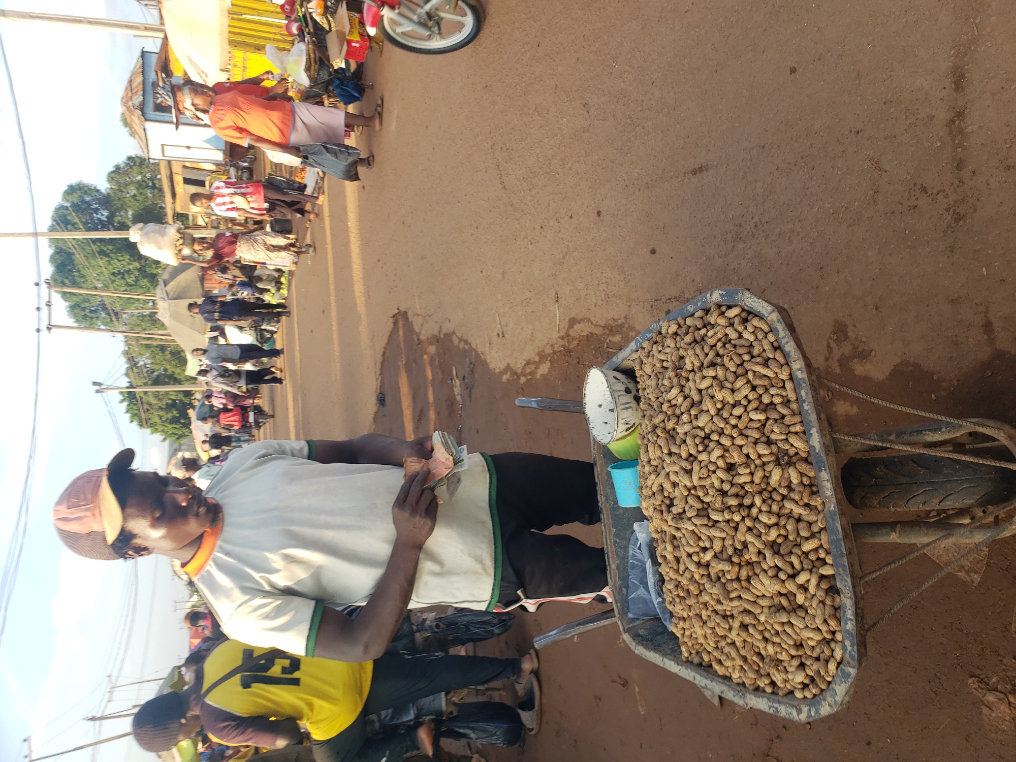 In Kakuri Gwari, Nigeria, an outdoor market scene unfolds. A young Black man, wearing a tan baseball cap, a light-colored t-shirt with orange and green trim, and black pants, stands at the forefront. He is holding a wad of cash in his hands, appearing to be engaged in a transaction. In front of him, a wheelbarrow is filled with a large quantity of peanuts in their shells. A white bowl and a blue cup are also visible in the wheelbarrow.
Behind the man, the market is bustling with activity. Other people, dressed in various casual clothing, are seen walking and interacting. Some individuals are carrying goods, and there are stalls and shelters set up along the dusty, unpaved road. The environment suggests a typical market day with vendors and shoppers. The lighting indicates it is likely late afternoon or early morning. The overall atmosphere is that of a busy community gathering place.
