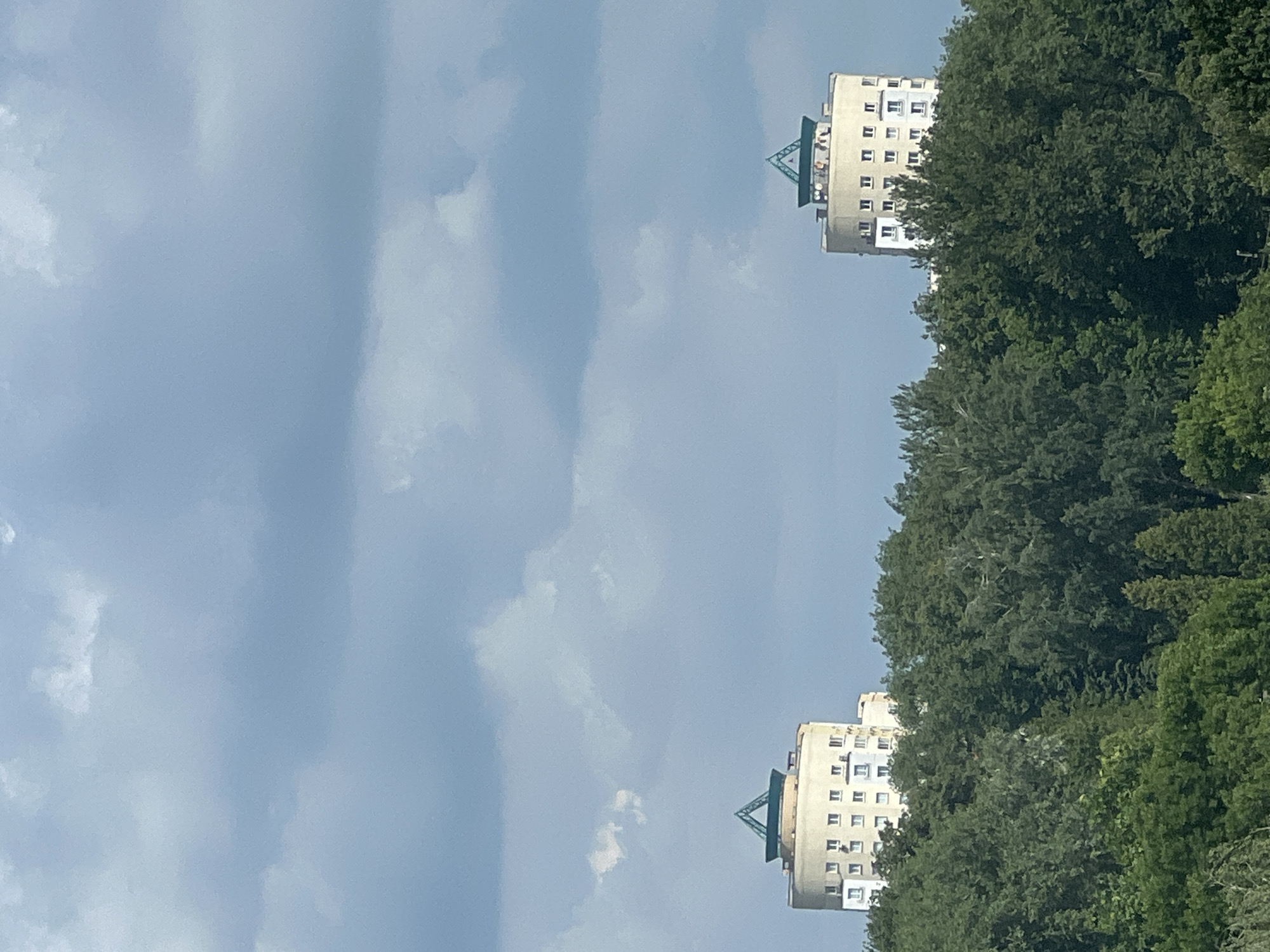 The image shows a slightly hazy, overcast sky with layered clouds. Below the sky, a dense, green forest occupies the bottom half of the frame. Peeking above the treeline, on the left and right sides of the image, are two identical cylindrical apartment buildings. These buildings are light-colored, possibly beige or cream, and feature multiple rows of windows. Each building is topped with a distinctive teal, pyramid-shaped structure, which is triangular when viewed from the front. The buildings appear to be residential. The overall scene suggests an urban environment with significant green spaces, potentially a park or wooded area within the city. Based on architectural style and similar buildings, these are likely located in the city of Minsk, Belarus.