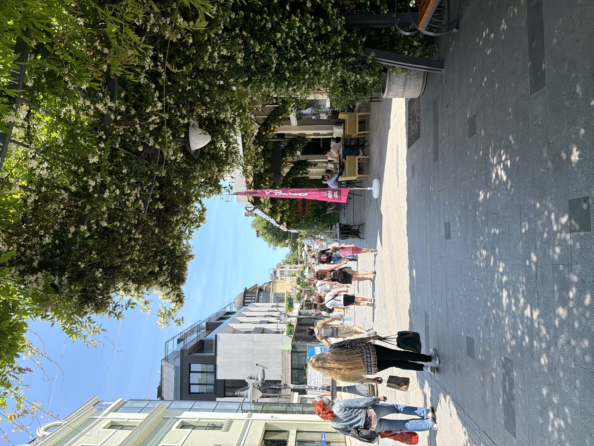 This image captures a pedestrian street in Burgas, Bulgaria, on a clear, sunny day. The perspective is from behind a group of pedestrians, looking down a vibrant thoroughfare.
The street features light grey paving stones interspersed with darker grey rectangular sections, displaying pronounced dappled shadows from overhead foliage.
On the left, a multi-story building with a light greenish-grey facade, white trim, and a semicircular arch detail near the roofline is visible. Adjacent to it stands a modern building characterized by large glass panels and dark-framed sections. Further down the street, various multi-story buildings line the left side, including one with a distinctive dark dome-shaped roof structure on the right side of the distant street. A banner on a building facade on the left displays "WWW.BG" and Bulgarian text.
The right side of the street is heavily covered by a dense canopy of green foliage adorned with numerous small white flowers, extending over a cafe or restaurant with outdoor seating. Tables with light-colored chairs and light green cushions are arranged outdoors, where a man and a woman are seated. A tall, rectangular pink banner with "SALAD" and Bulgarian text is positioned near the cafe's outdoor area. A large grey concrete planter and a section of a wooden bench with dark metal supports are visible on the far right.
Approximately 15 to 20 individuals are present on the street. In the foreground, three women walk away from the camera. The woman on the left has red hair, wears a denim jacket, and carries a red bag. The central woman has long blonde hair, wears a patterned shirt over black pants, and carries a paper bag and a black tote bag. The woman to her right has dark hair, wears a dark dress, and walks alongside a young girl in a pink outfit. Other pedestrians are visible walking further down the street.
The sky is a clear blue. Overhead wires are visible against the sky in the upper left quadrant. The scene is brightly lit by natural sunlight, casting distinct shadows.