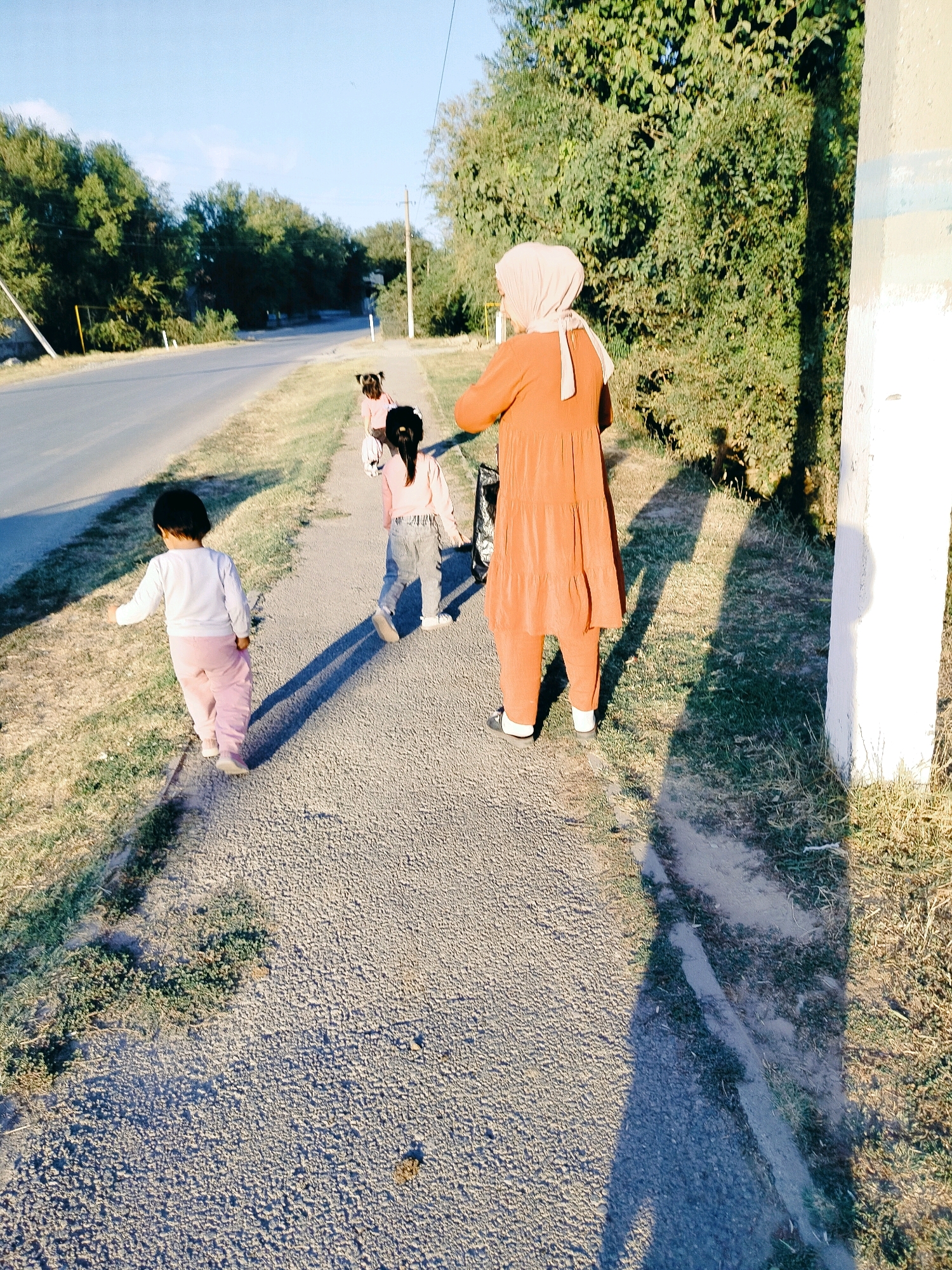 In the city of Kölkent, Kazakhstan, at eye level, an outdoor scene unfolds on a paved pathway next to a road. The pathway is made of asphalt and runs alongside a grassy embankment. In the distance, a paved road is visible, bordered by trees and vegetation. A white utility pole stands on the right side of the frame, casting a long shadow across the pathway.
In the foreground, a person wearing an orange hijab and an orange dress with tiered layers walks away from the camera. They are wearing pants and shoes. To their left and further down the path, three children are also walking away from the camera. The child closest to the viewer is wearing a white long-sleeved shirt and pink pants. The next child is wearing a pink long-sleeved shirt and grey pants. The third child, partially obscured, is also wearing a pink long-sleeved shirt. The children appear to be walking in a line, with the adult at the front. The lighting suggests it is late afternoon or early evening, with long shadows cast by the subjects and the utility pole. The overall impression is a group walking along a path in a semi-rural or suburban area.