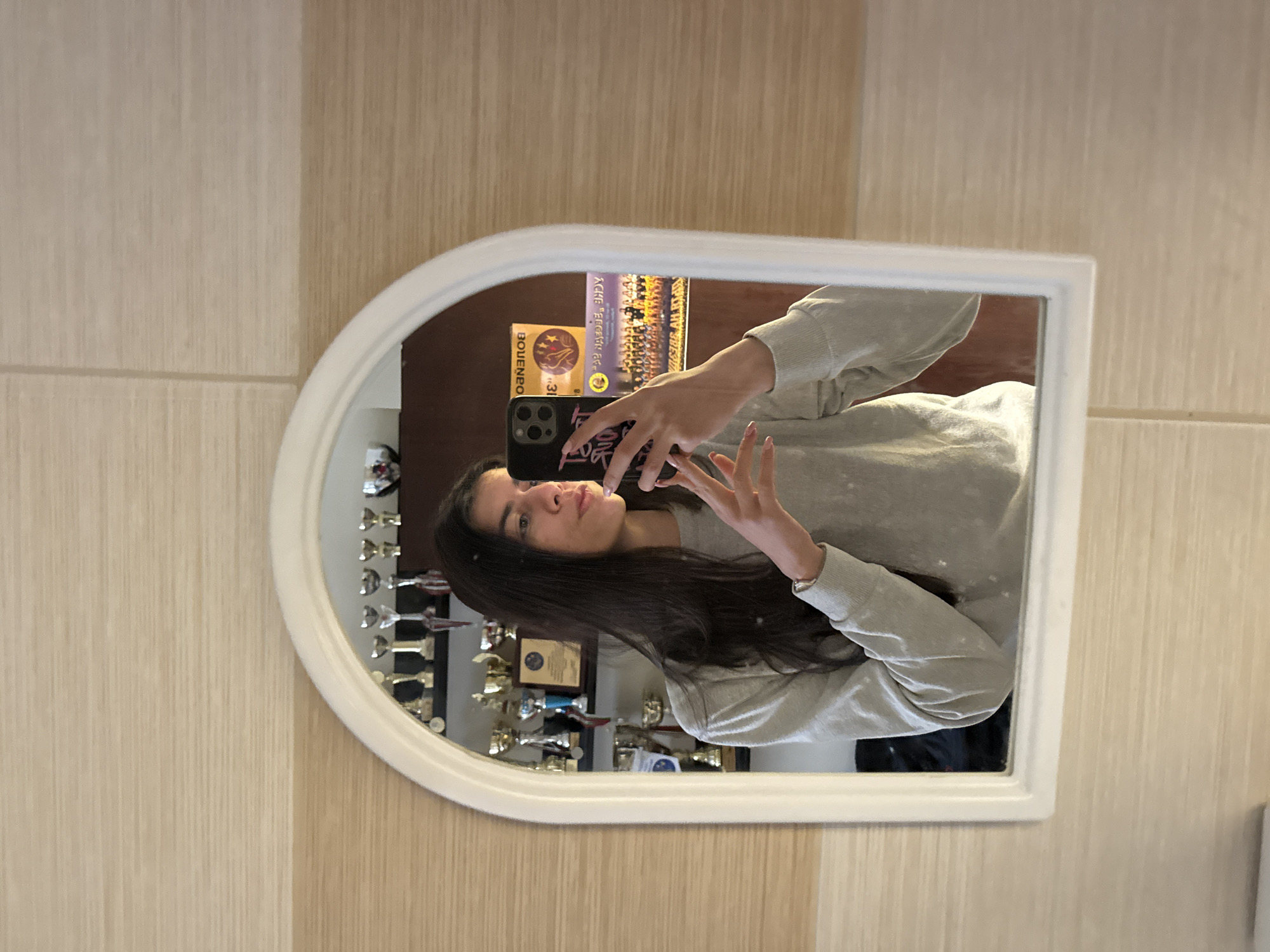 A young female is depicted taking a mirror selfie in an interior setting in Sofia, Bulgaria. The subject has long, dark hair and wears a light grey long-sleeved top. She holds a dark-colored smartphone, likely an iPhone, in her right hand, positioned to capture her reflection in the mirror. Her left hand is partially visible with manicured nails, and a light-colored bracelet is on her left wrist. The mirror is white-framed, arched, and vertically oriented, mounted on a wall featuring horizontal beige and light brown patterned tiling or wallpaper. Reflected behind the subject in the mirror is a dark brown shelving unit laden with numerous trophies and awards of various designs and materials, including gold, silver, and blue accents, along with at least one framed certificate. Adjacent to these awards, also reflected, are two posters with Cyrillic text, including visible words such as "БОЛЕНБОГ" and "ЯБЕДЕ", confirming the Bulgarian environment.