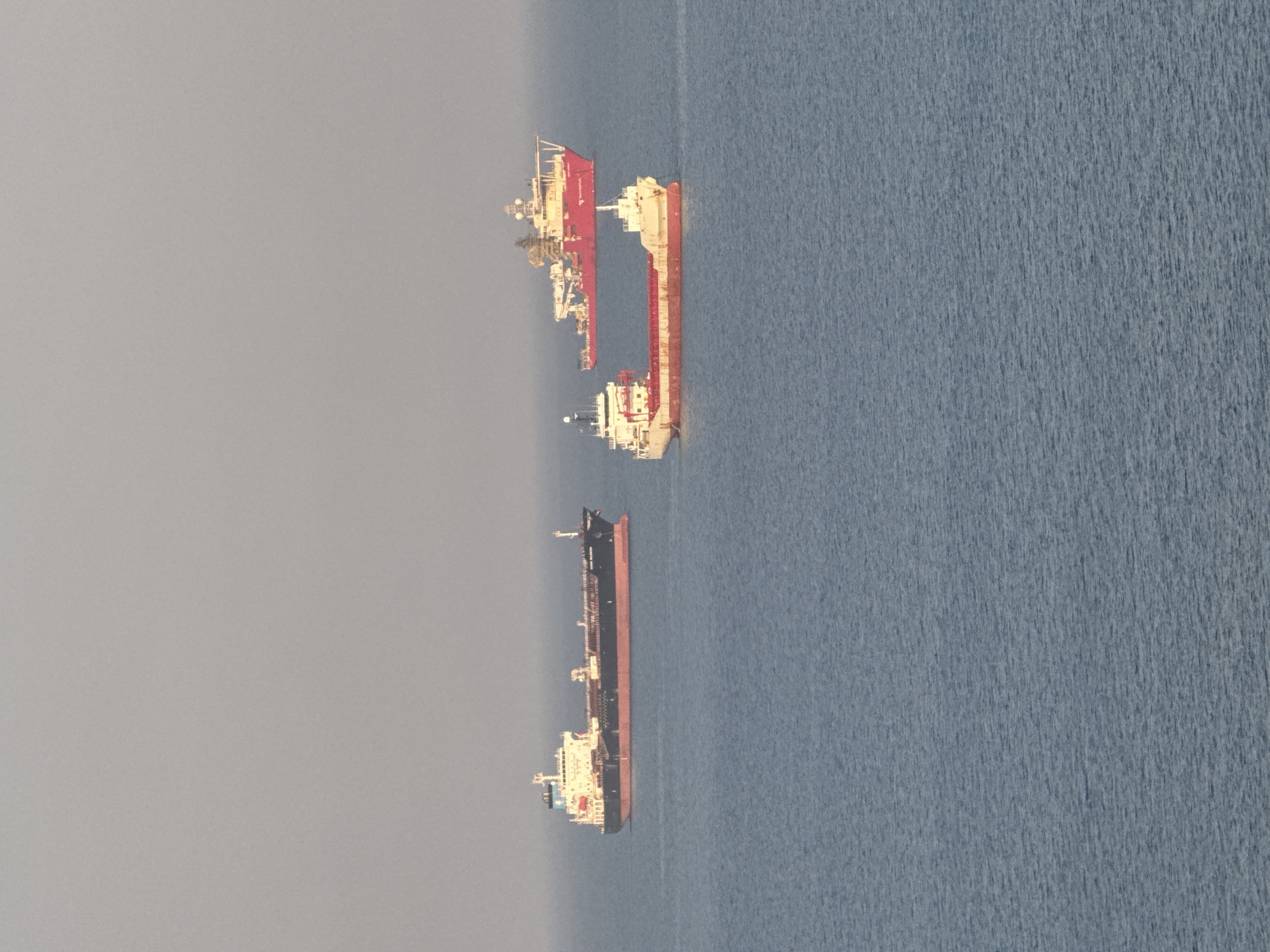 Three cargo ships are visible on the sea. The largest, a black and red tanker, is on the left. To the right and slightly behind it are two smaller ships, one red and white, and another white and red. The ships are on a calm, blue sea under a hazy, grey sky. The image is taken from a high vantage point, looking down on the vessels. The location appears to be the coast of Limassol, Cyprus.