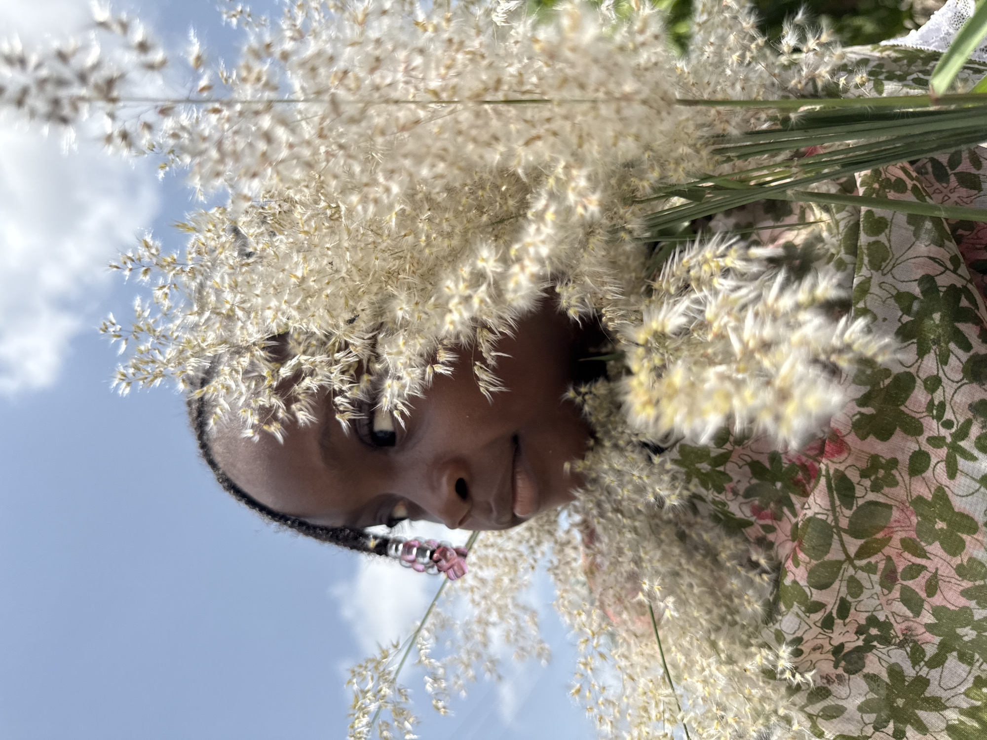 The image captures a close-up, upward-angled view of a young person, likely female, framed by abundant, light-colored feathery grass against a bright sky. The person, with dark skin, is looking softly upwards and slightly to the side, with a calm and serene expression. Her braided hair, adorned with small pink and purple beads, is visible.
The scene is set outdoors under a clear, bright blue sky with a few soft white clouds, suggesting a sunny day in Ado, Nigeria. The foreground and much of the midground are dominated by tall, fluffy, light-beige and white grass with green stems, creating a soft, airy texture around the subject's head.
Part of a patterned fabric, likely clothing, is visible on the right side of the image. It features green leaf or floral designs on a light, possibly white or pink-tinted background, with a hint of white lace near the top right edge.
The activity appears to be a contemplative moment or a portrait taken amidst nature, possibly with the person interacting gently with the surrounding grass. There is no visible text in the image. The overall impression is one of tranquility and connection with the natural environment.