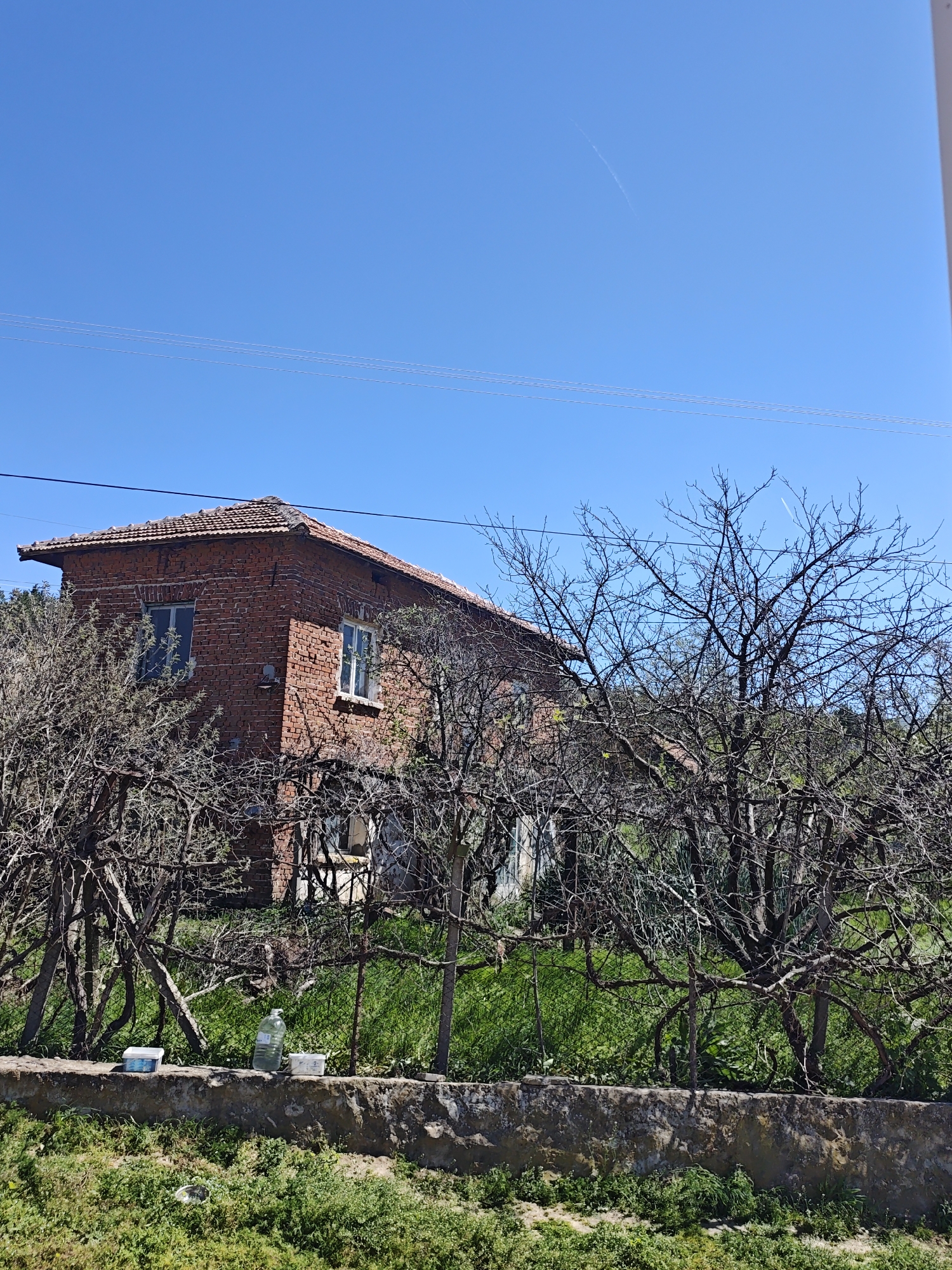 A low-angle, wide shot shows a weathered brick house behind a wall and bare trees, set against a clear blue sky. Overhead wires run horizontally across the upper part of the frame.
The house has a red-tiled roof, and two windows are visible on the visible side. The brickwork is worn, suggesting age.
In front of the house, a low, rough stone wall is partly obscured by green grass and other vegetation. Several leafless trees, possibly fruit trees, are growing behind the wall. A small collection of plastic containers and a bottle are placed on top of the wall.