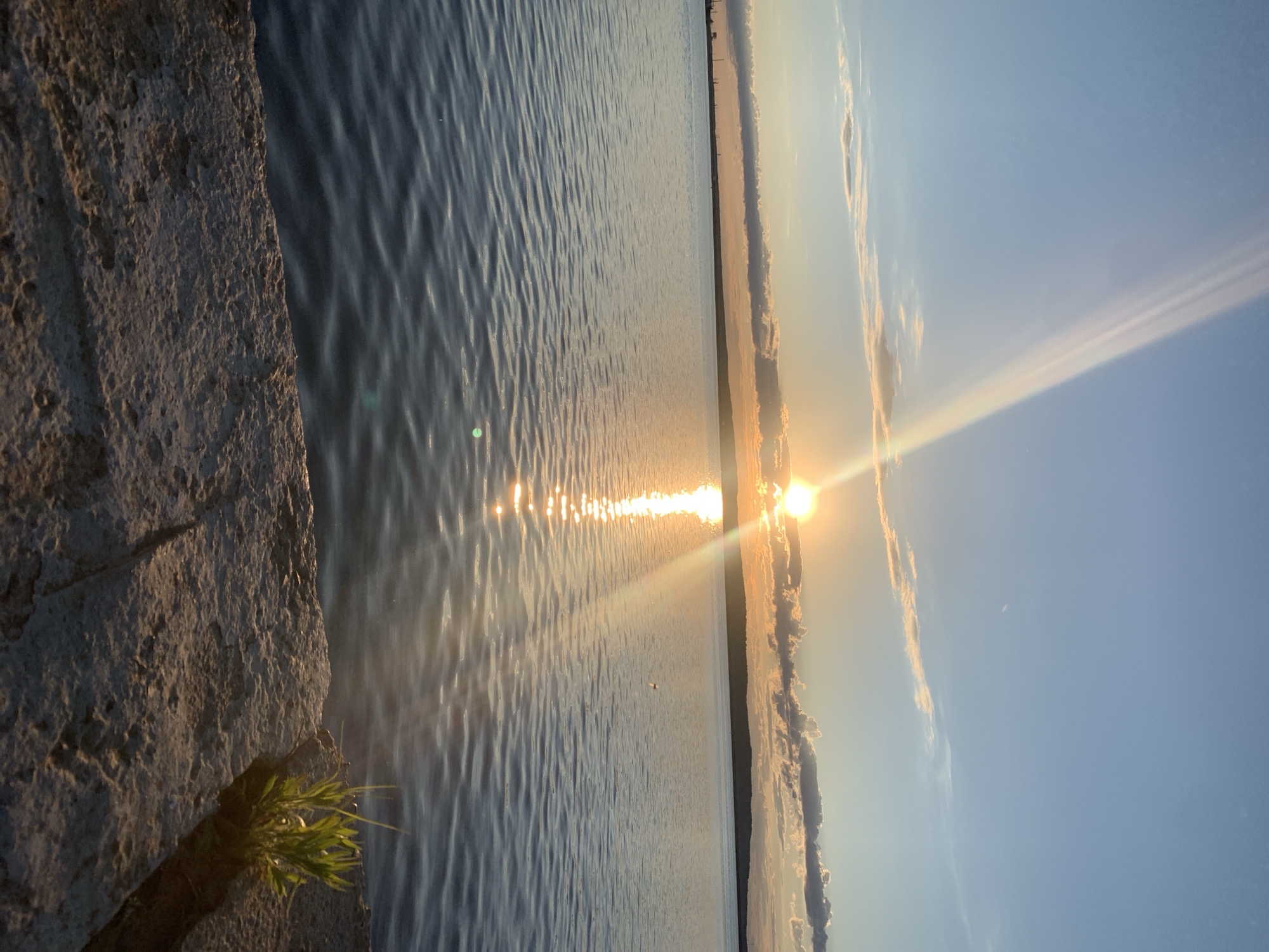The media file presents a tranquil waterscape captured during either sunrise or sunset over what appears to be the Kama Reservoir in Chaikovsky, Russia. The sun, a bright golden circle, is positioned low on the horizon, directly above the water, casting a brilliant and elongated reflection that stretches across the rippling surface towards the foreground. This reflection creates a shimmering pathway of light on the water.
In the immediate foreground on the left, a rough, textured rock or concrete structure occupies a significant portion of the frame. Its uneven surface, illuminated by the golden light, showcases shades of grey and brown. A small cluster of vibrant green grass or weeds is visibly growing from a crack or crevice within this structure, providing a subtle contrast against the sturdy material.
The expansive body of water dominates the middle ground, displaying gentle ripples and waves that reflect the ambient light of the sky. The direct sunlight creates numerous sparkling points across the water's surface, especially prominent in the sun's reflection.
On the distant horizon, a faint strip of land or shoreline is visible, appearing as a dark silhouette against the brighter sky. There are no clearly discernible structures on this distant land.
The sky is a clear gradient of blue, transitioning into warmer, lighter tones near the horizon. Scattered, wispy clouds, edged with the golden light of the sun, are present, particularly along the horizon line. A distinct lens flare emanates diagonally from the sun, extending into the upper right portion of the sky, indicating the sun's intense brightness.
The overall impression of the scene is one of peaceful natural beauty, characterized by the warm, serene ambiance of the golden hour. There is no visible text in the image.