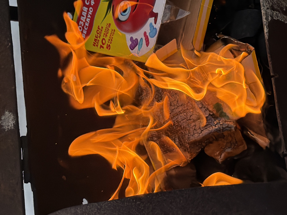 The image displays an active fire contained within a dark, likely metallic, structure. Bright orange and yellow flames are prominent, emanating from burning fuel sources. These fuels include multiple split wood logs, exhibiting charring and bark texture, located in the lower central and left areas. To the right, a partially consumed cardboard box is visible amidst the flames. This box is identifiable as packaging for a children's modeling clay set, with visible Russian text translating to "Create a fun figure for yourself," "Modeling set," "10 different shapes," and "5 colors." A cartoon character, resembling a red tomato or apple with googly eyes and holding a palette, is printed on the box. The upper rim of the containment structure is visible above the flames. No individuals are present in the scene. The scene is located in the city of Chaikovsky, Russia.
