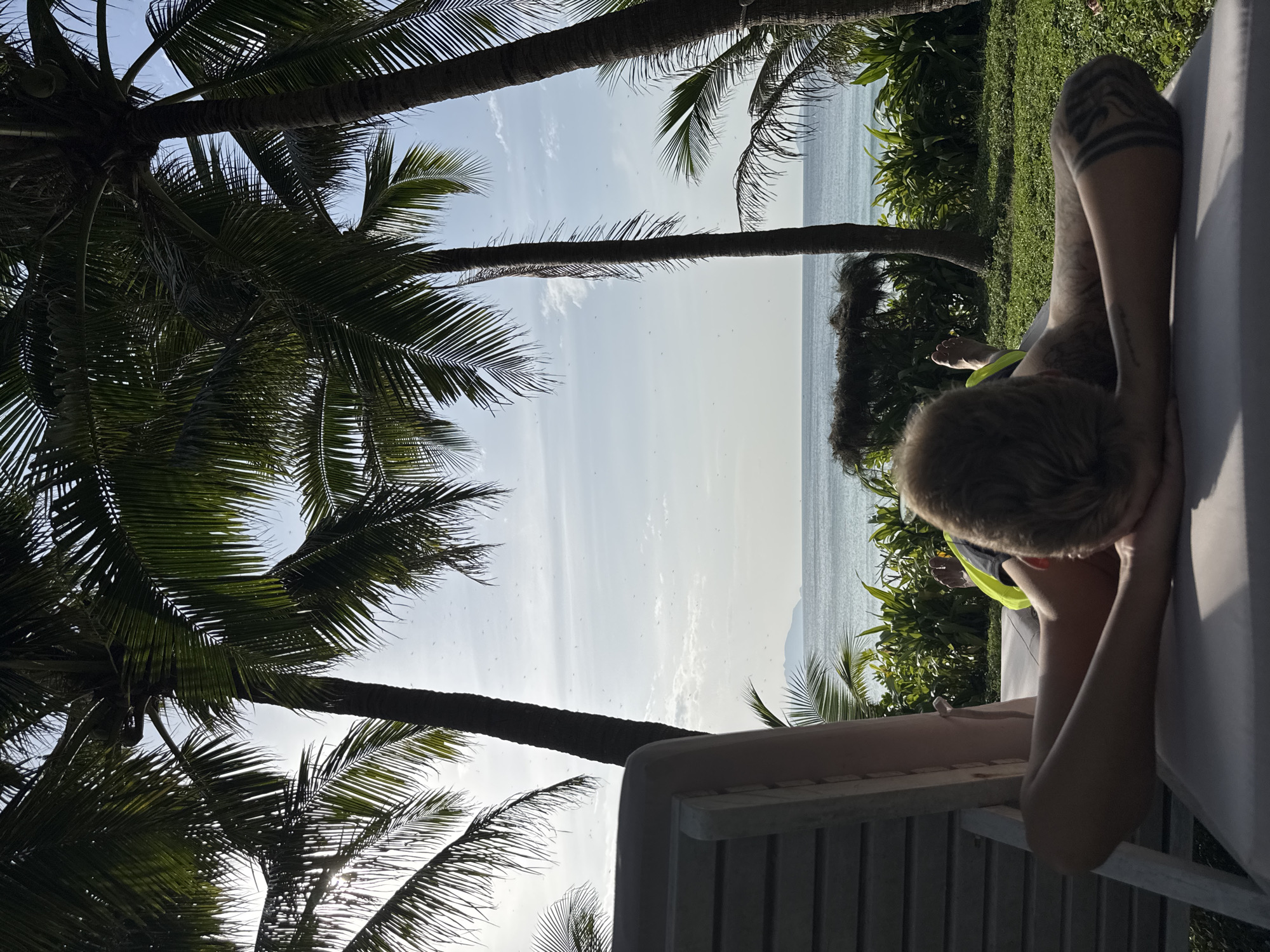 A person with tattoos on their arm is lying on a lounge chair, facing away from the camera, with their head resting on their hands. They are wearing yellow and green swimwear. The lounge chair is positioned on a grassy area with lush green foliage behind it. Beyond the foliage, a body of water, likely the sea, stretches to the horizon, with a faint outline of land visible in the distance under a bright, slightly hazy sky. Several palm trees with fronds dominate the foreground and mid-ground, some casting shadows. The scene appears to be a tropical beach resort, possibly in Đông Ninh Hòa, Vietnam, given the presence of palm trees and the ocean view.