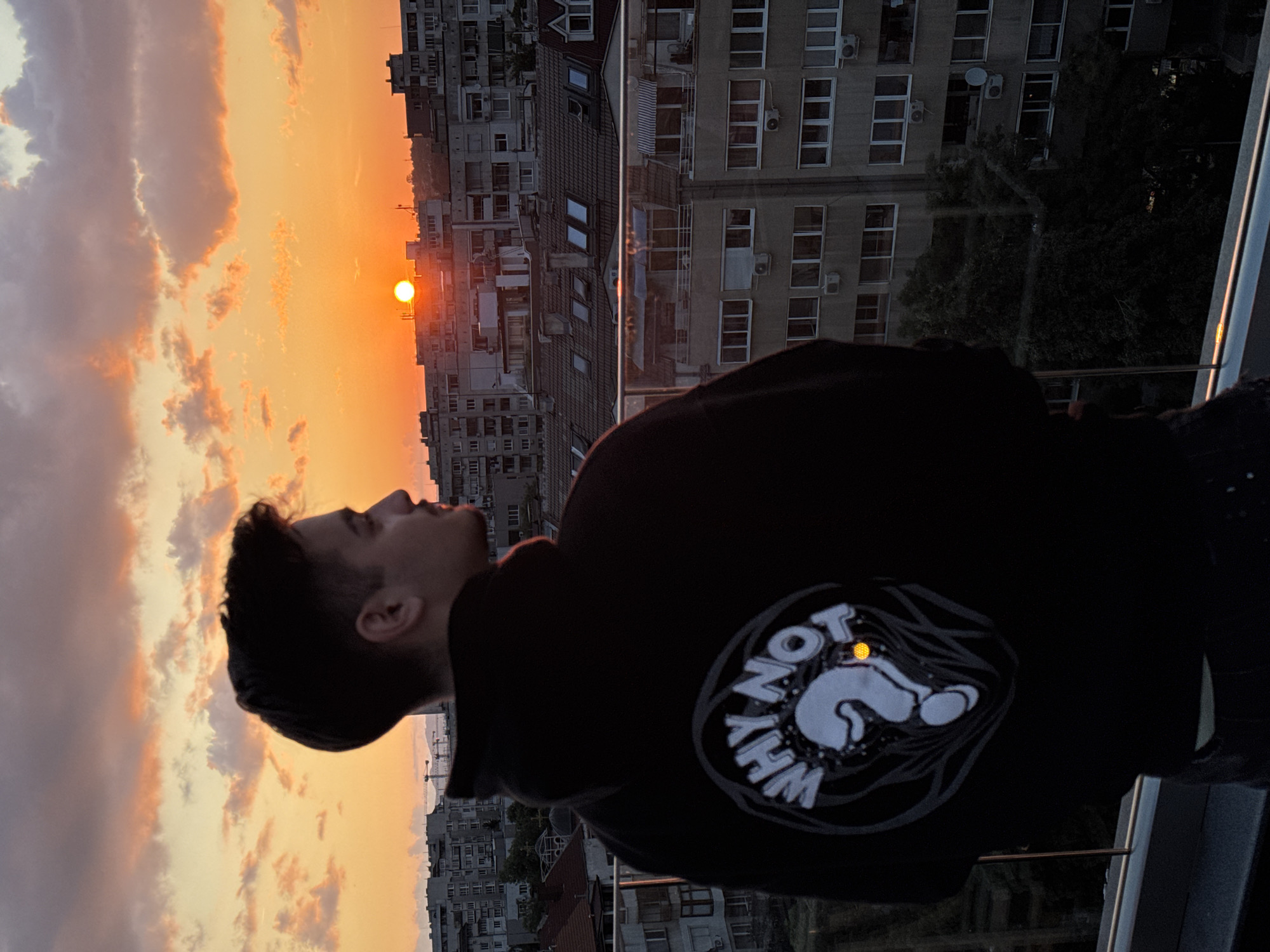 The image displays a young male standing with his back predominantly to the camera, positioned on a balcony or rooftop terrace overlooking the city of Sofia, Bulgaria, at sunset. The male, with dark, short-styled hair, is observed in profile, looking towards the right side of the frame at the setting sun. He is wearing a black hooded sweatshirt which features a circular graphic on the upper back. The graphic contains the text "WHY NOT" above a large question mark, with the dot of the question mark appearing as a distinct yellow-orange illuminated circle.
The sun, a prominent bright orange orb, is situated slightly right of center, low on the horizon, above the urban skyline. The sky is characterized by vivid orange and yellow gradients, with scattered, textured clouds displaying hues of pink and grey, particularly in the upper left. The cityscape of Sofia extends into the distance, comprising numerous multi-story buildings of varying heights and architectural styles, many with repetitive window patterns, air conditioning units, and a mix of tiled and flat roofs. Construction cranes are visible on the distant horizon, suggesting ongoing development. A clear glass railing with a dark frame occupies the lower foreground, separating the viewer and the subject from the expansive urban environment.