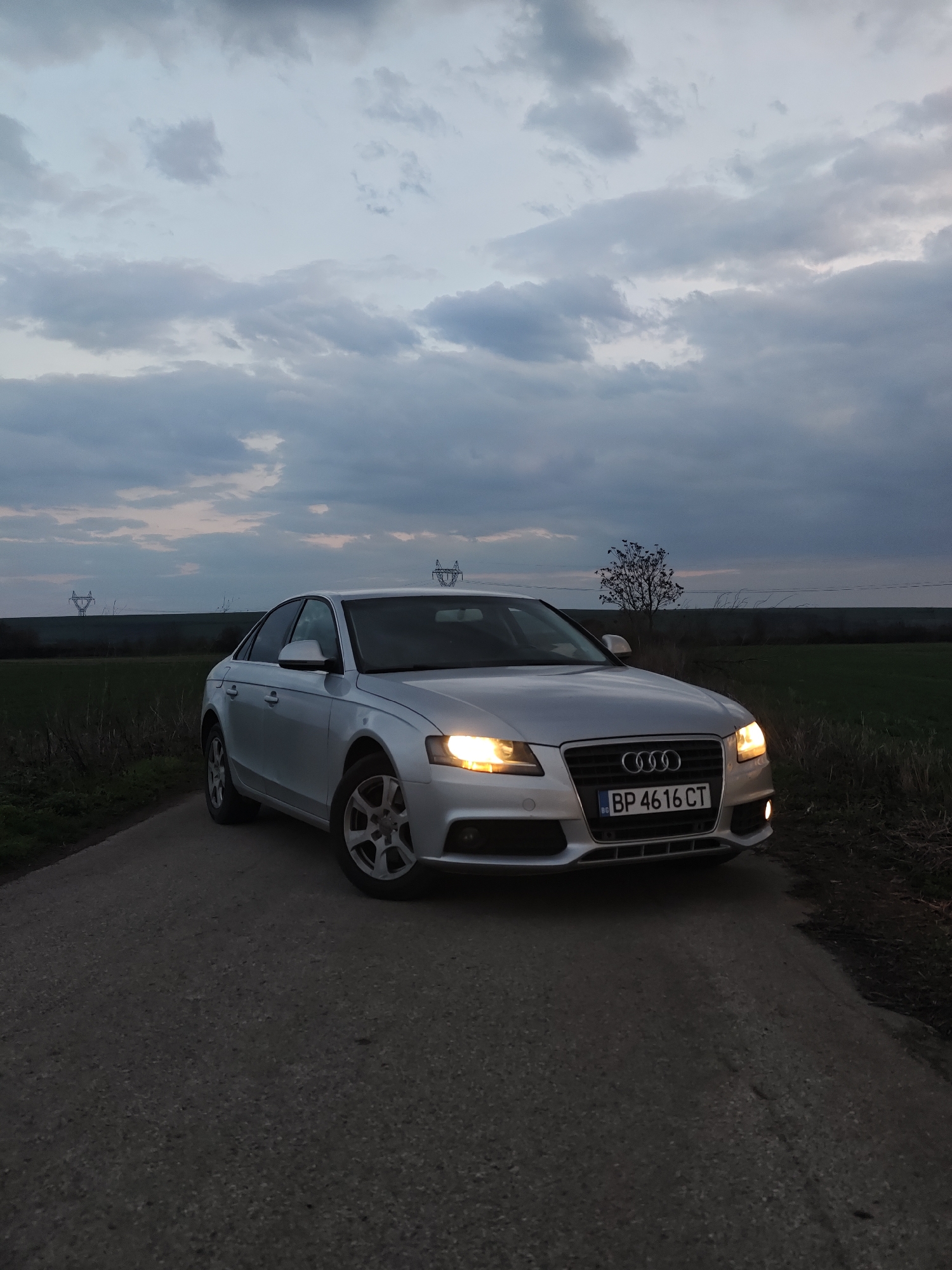 A silver Audi sedan, bearing Bulgarian license plate "BP 4616 CT," is positioned centrally on a single-lane paved road in Gorni Tsibar, Bulgaria. The vehicle's headlights and lower fog lights are illuminated. The scene is depicted at dusk or early evening, evidenced by the overcast sky featuring multiple shades of grey and white clouds, with faint traces of orange and pink light visible near the horizon. Green fields border both sides of the road. In the background, on the left horizon, two electrical transmission towers are visible. On the right horizon, a solitary, leafless tree stands against the sky. No individuals or specific actions are observed.