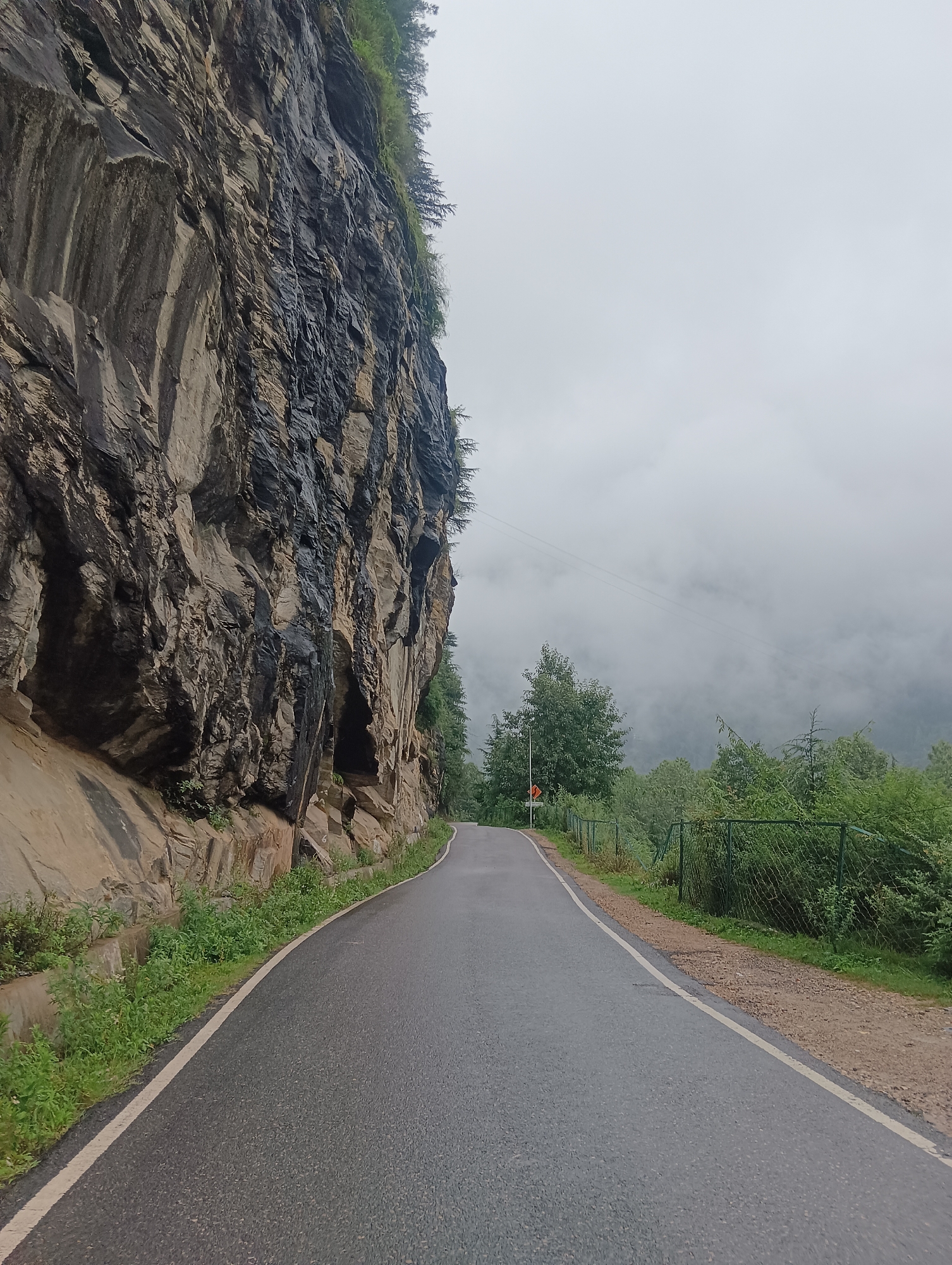 The image shows a wet, paved road winding through a mountainous region, likely near Manali, India, based on the landscape. A towering, sheer rock face dominates the left side of the frame, exhibiting a textured, layered appearance with streaks of dark moisture or lichen. Green vegetation, including grass and shrubs, grows at the base of the rock face. On the right side of the road, a wire mesh fence encloses a densely wooded area with various trees. In the distance, a thick layer of fog or clouds hangs over the landscape, obscuring the view of the mountains and lending a muted, overcast atmosphere to the scene. A small, orange traffic sign is visible on a pole near the road's edge in the middle distance. The road itself has a visible white line marking its edge. The overall impression is one of a remote, scenic mountain road on a cloudy or misty day.