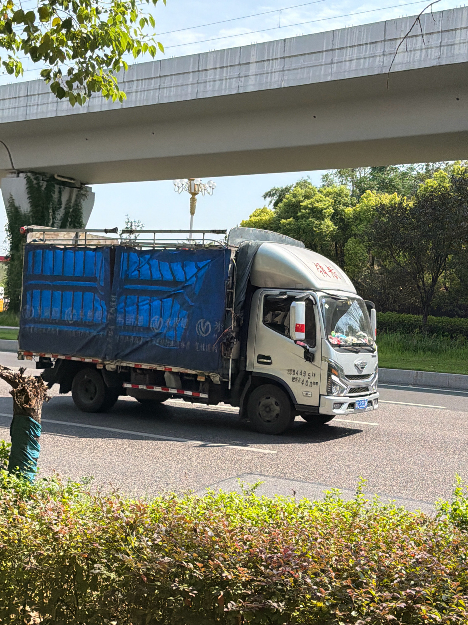 A silver and white light truck with a blue tarp-covered cargo bed is traveling on an asphalt road in Jiangjin, China. The truck has a license plate that reads "KC 52338". The truck is positioned under a concrete overpass. To the left of the truck, a tree trunk wrapped in green fabric is visible. In the foreground, there is a dense hedge of green and reddish-brown foliage. In the background, trees and a bright blue sky with some clouds are visible. The overall scene appears to be a sunny day.