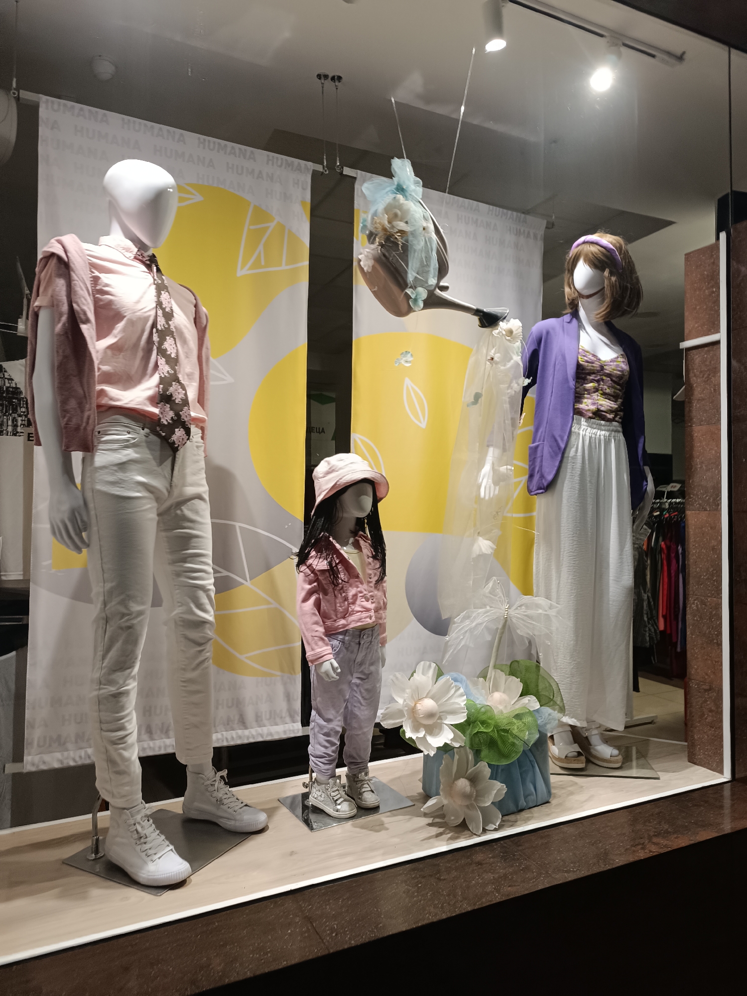 This image displays a brightly lit clothing store window, likely captured at night, in Pleven, Bulgaria. The window showcases three mannequins – an adult male, a child, and an adult female – dressed in spring-themed outfits, possibly from a second-hand store given the "HUMANA" branding.
On the left, an adult male mannequin wears a light pink collared shirt, a brown tie with a pink pattern, a pink cardigan draped over his shoulders, white slim-fit pants, and white high-top sneakers. In the center, a child mannequin is dressed in a light pink bucket hat, a matching pink jacket, light lavender pants, and silver sneakers, with dark hair visible. To the right, an adult female mannequin sports a light purple headband, a multi-colored patterned top (purple, yellow, white), a solid purple blazer, white wide-leg trousers, and white platform sandals.
Decorative elements include a watering can adorned with light blue netting and white artificial flowers, suspended above the display, with a sheer white veil-like fabric hanging from it. A light blue basket filled with large white artificial flowers and green netting rests on the floor. In the background, two large banners prominently feature the repeating word "HUMANA" in white against yellow and grey abstract patterns. One banner also displays the Bulgarian word "ДЕЦА," meaning "children," indicating a children's section. The mannequins stand on a light wooden floor, and reflections are visible on the shop window glass.
