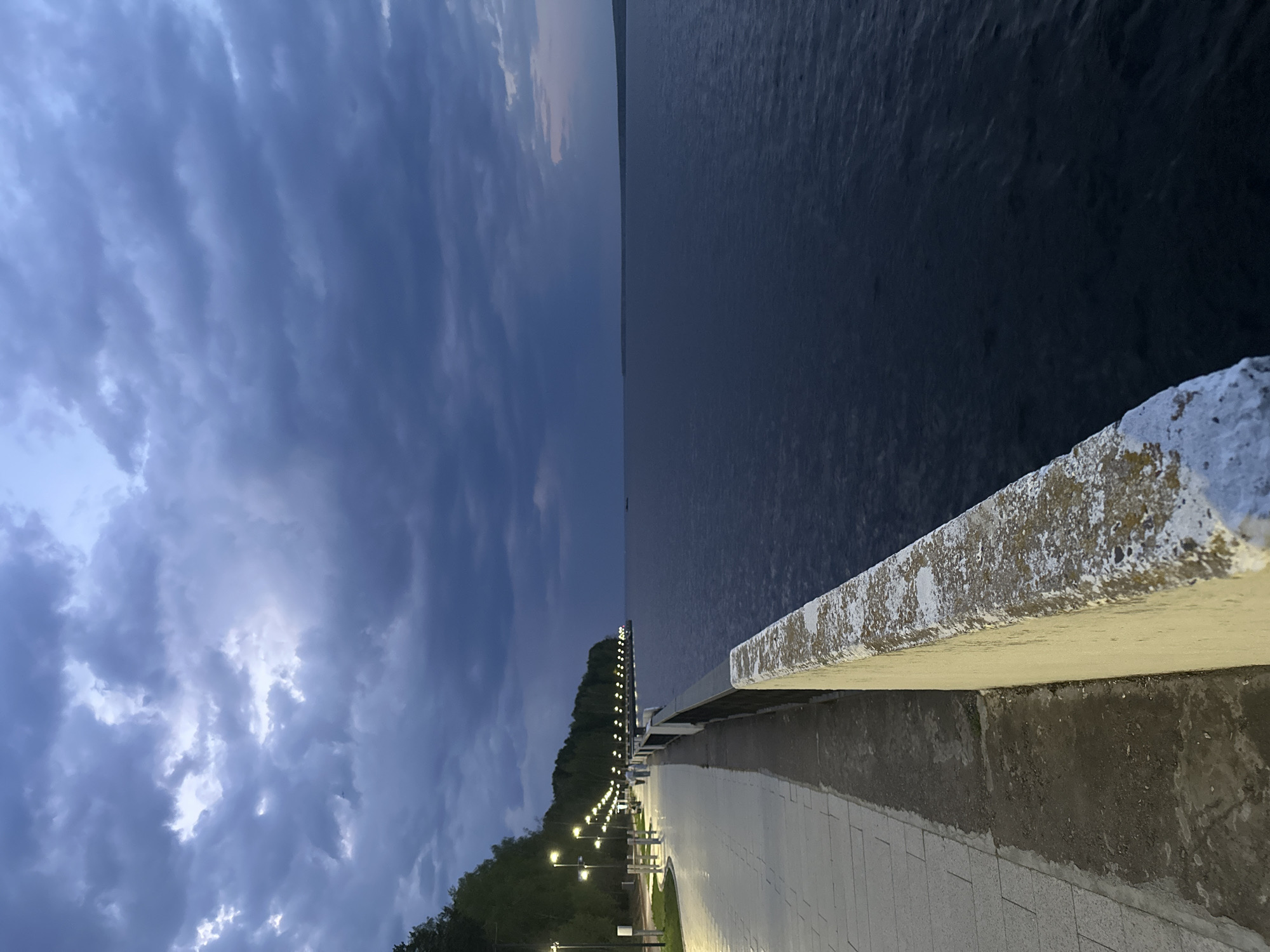 The image depicts a waterfront promenade at twilight. On the right is the dark expanse of the Kama Reservoir in Chaikovsky, Russia. A concrete seawall with visible wear and staining runs parallel to a paved pedestrian walkway, lit by evenly spaced street lamps. To the left of the walkway is a grassy area with trees, also illuminated by street lamps. The sky is filled with heavy, gray clouds.