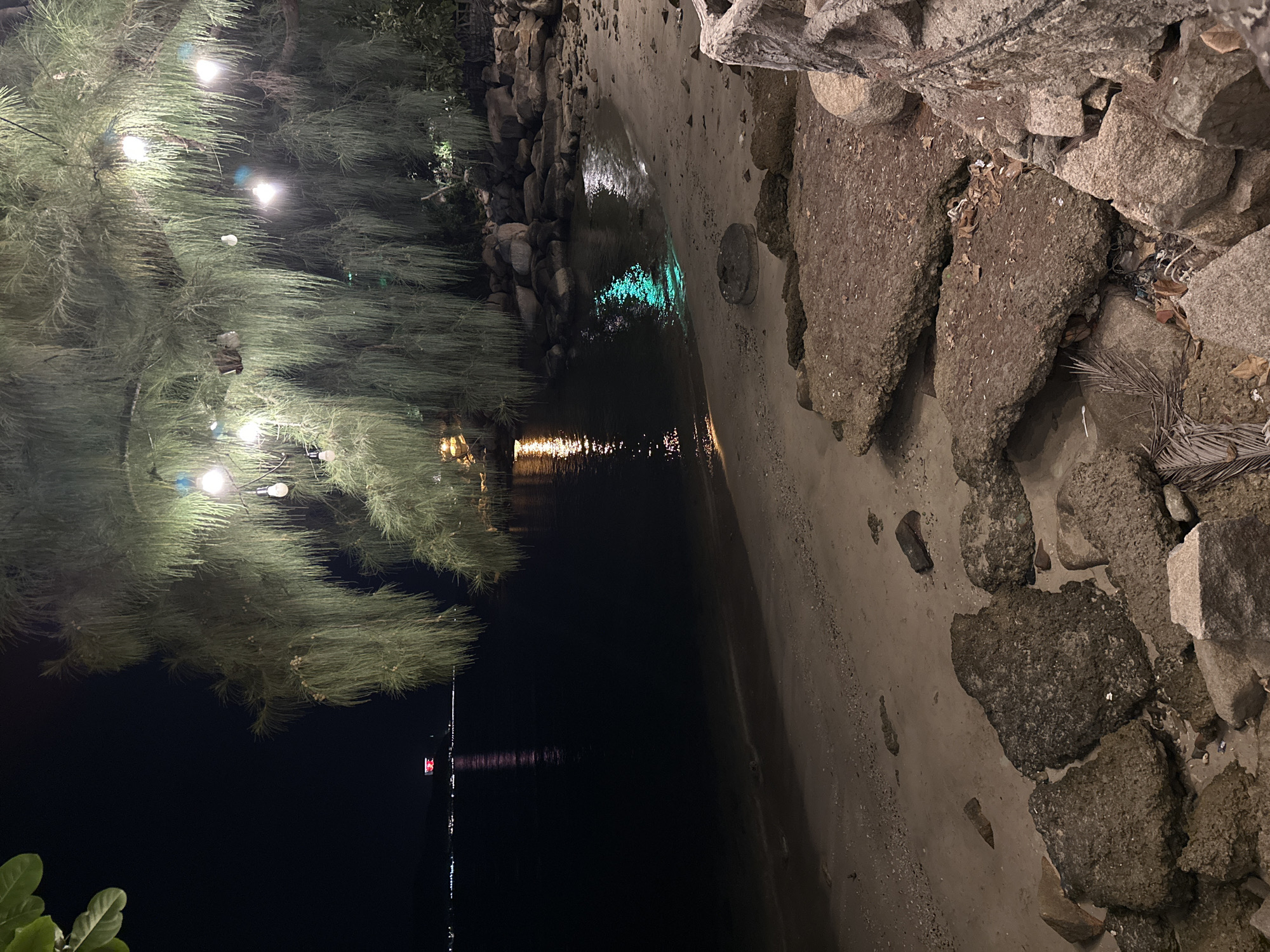 A nighttime photograph depicts a sandy beach leading to dark, still water under a canopy of wispy, green foliage strung with lights. In the distance, across the water, a structure with red and white lights is visible on a faint shoreline, possibly indicating a building or tower. The water's surface reflects the ambient light, with a bright green reflection shimmering near the shore. The beach is sparsely populated with various-sized rocks, some smooth and others rough-textured, scattered across the sand. The overall scene evokes a serene, tropical evening ambiance.