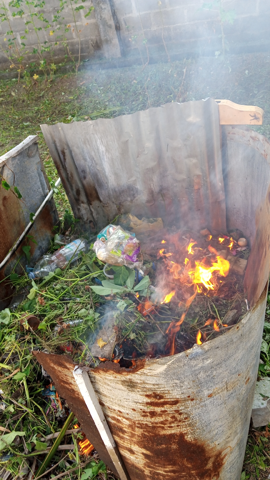 The image depicts an outdoor scene in Cotgapu, Indonesia, where a fire is burning in a makeshift incinerator. The incinerator appears to be made from a large, cylindrical metal drum, possibly an oil barrel, which has been cut open and lined with corrugated metal sheets. The exterior of the drum is weathered and rusted.
The incinerator is filled with a mix of green vegetation, dry leaves, and what appears to be plastic waste, including a crumpled plastic bag and a clear plastic bottle. Flames are actively burning in the center of the drum, with smoke rising and dissipating into the air. The ground surrounding the incinerator is covered in grass and fallen leaves, suggesting an outdoor, possibly rural or semi-rural, setting. In the background, a wall made of concrete blocks is visible, with some sparse vegetation growing in front of it.
The time of day appears to be daytime, likely late morning or afternoon, given the lighting conditions. The weather seems to be fair, with no indication of rain. The overall impression is one of waste disposal through burning, a common practice in some areas for managing organic and other types of refuse. There is no visible text in the image.