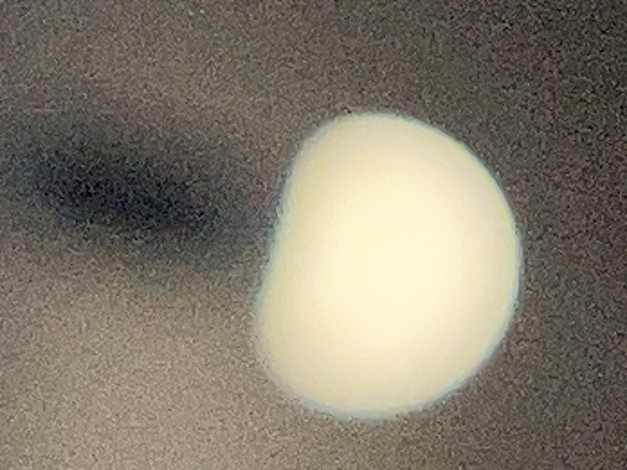 The image displays a close-up, abstract view of a light-colored, irregular-shaped object against a dark, grainy background. The object is luminous and appears to have a soft, diffused edge with a slight blueish or greenish halo. A darker, elongated shadow or shape is visible directly above the luminous object. The background texture is uniform and appears to be a surface with small particles. There are no recognizable landmarks or features that would indicate a specific location in Karlovo, Bulgaria.