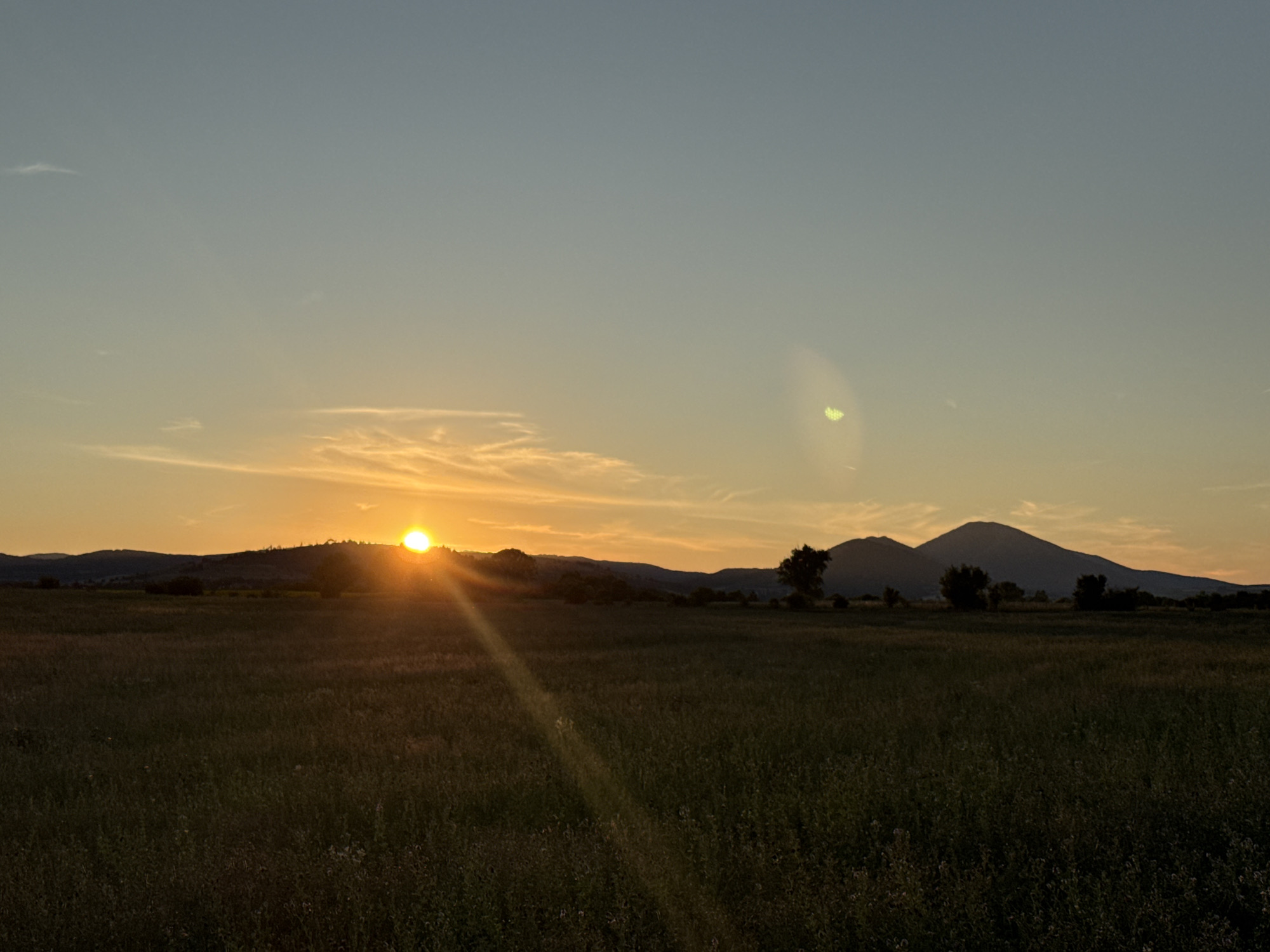 This is a landscape photograph taken at sunset in the vicinity of Noevtsi, Bulgaria. The scene depicts a vast, open field covered in tall, dry grass, transitioning into a gently rolling hillside on the horizon. Silhouetted against the warm, orange glow of the setting sun are a series of hills and a prominent, conical mountain in the distance. The sun itself is a bright, circular orb positioned on the left side of the frame, partially obscured by the silhouette of the hills, casting long rays of light across the field. A faint lens flare, appearing as a soft, greenish-yellow smudge, is visible in the upper right portion of the sky. The sky transitions from a deep blue at the top to a soft yellow and orange near the horizon, with thin, wispy clouds scattered across the upper expanse. There are no people or man-made structures immediately visible in the foreground or mid-ground. The overall impression is one of natural tranquility and the fading light of day.