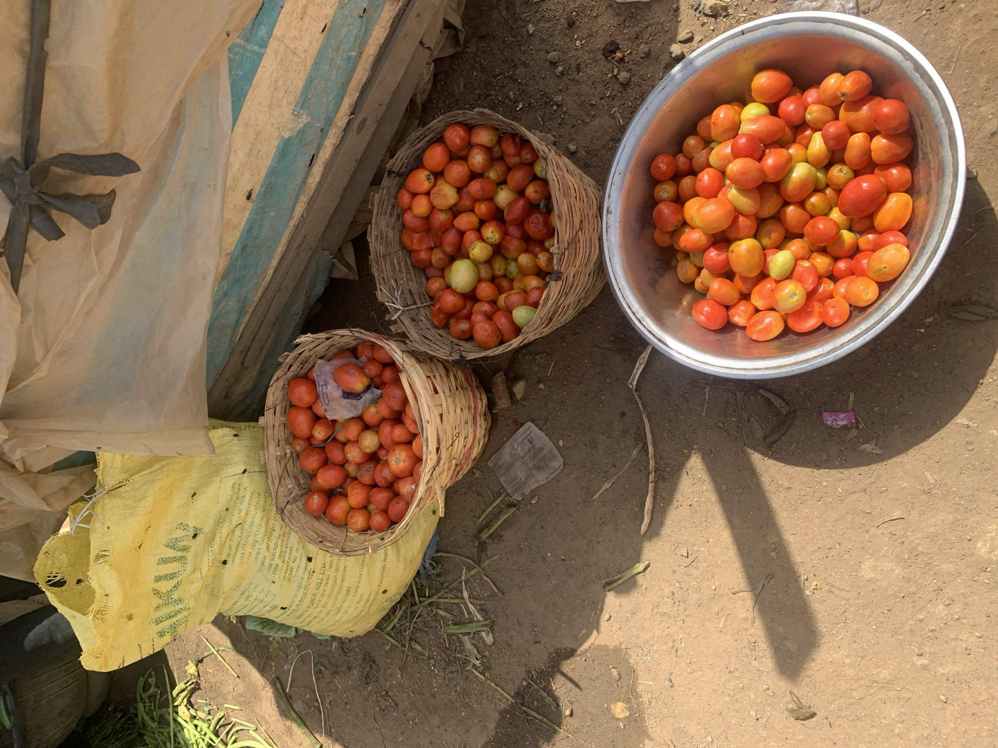 Here's a detailed description of the image:
The scene appears to be an outdoor market or roadside stall in Rafin Par, Nigeria. There are three containers of tomatoes: two woven baskets and one metal bowl. All three containers are filled with red, orange, and some green tomatoes. The baskets are placed on the ground. One basket is partially supported by a yellow sack that has some visible print. The metal bowl is sitting directly on the ground. The ground itself is dry and sandy, with scattered pieces of debris. Near the left edge of the frame, there are what appear to be green beans and an unidentifiable dark object. In the upper left, there is a portion of a structure with a weathered, possibly painted, surface. Shadow cast by the containers are observed on the sandy ground. The overall lighting suggests it is daytime with bright sunshine.