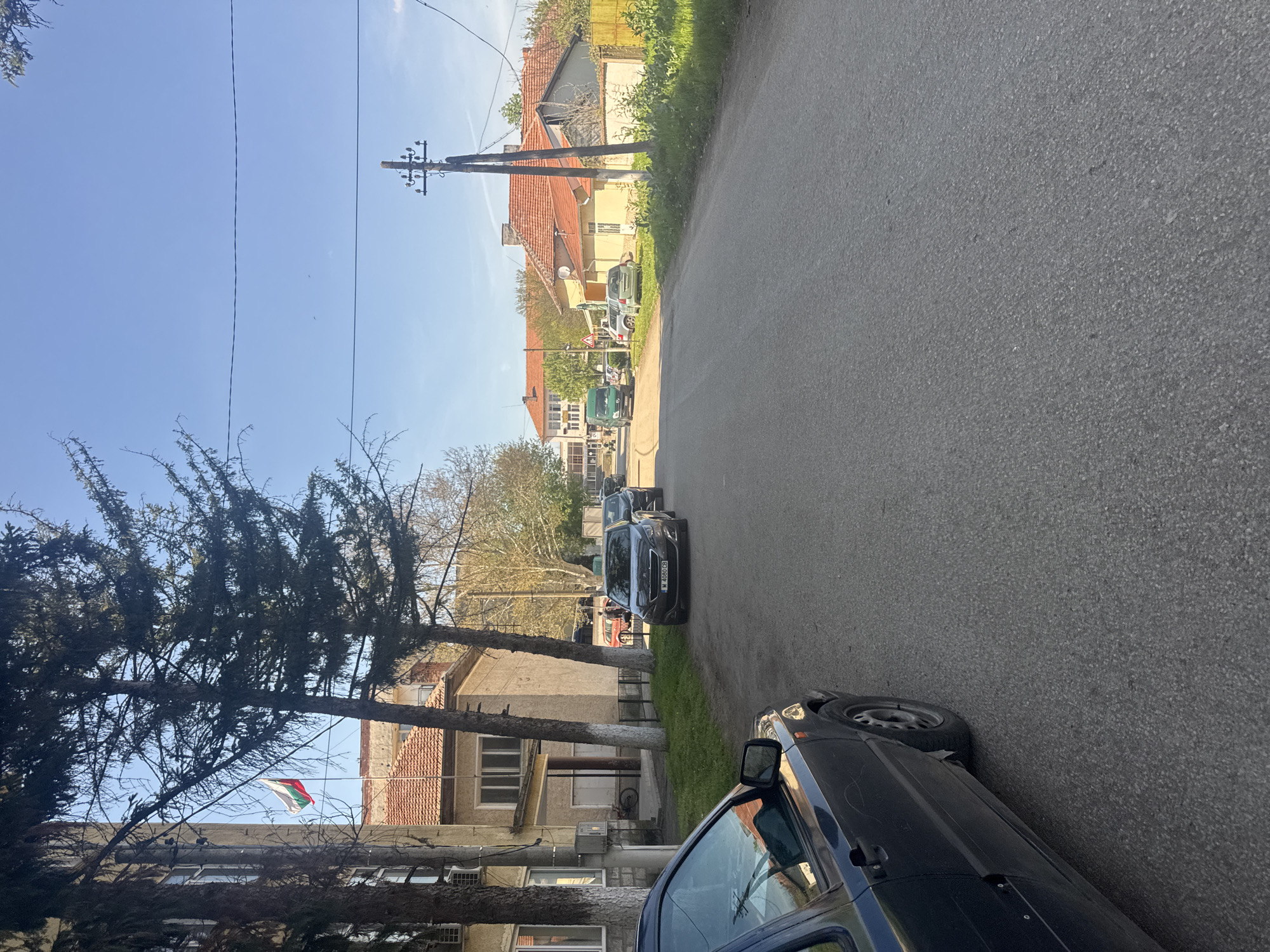 The image depicts a street in Lehchevo, Bulgaria. The road stretches into the distance, lined by buildings and parked cars. A Bulgarian flag is visible among trees near a building on the left. Overhead utility lines and a utility pole are prominent. The sky is blue with some scattered clouds. Asphalt covers the road.