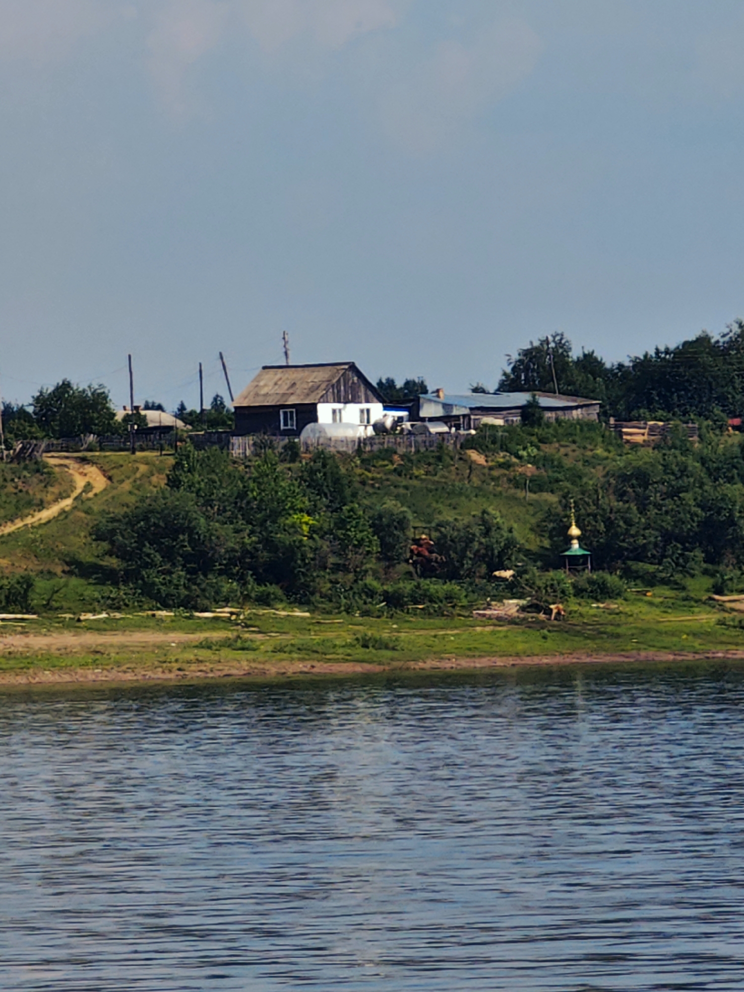 The image shows a rural landscape along a body of water, likely a river, in Erkalovo, Russia. The foreground is dominated by the rippling surface of the water. The midground features a grassy bank with several structures on a sloping hill above it.
The most prominent structure is a dark wooden house with a white section and a peaked roof. Adjacent to it is a greenhouse with a rounded translucent roof. Further down the slope, a small, ornate golden-domed building, possibly a chapel, is visible amidst the greenery. There are also a few scattered animals, appearing to be cows, grazing in the field. A dirt path winds its way up the hill.
In the background, trees and other smaller buildings create a rustic, village-like setting. The sky is a pale blue with a few wispy clouds. The overall scene depicts a tranquil, rural environment.
