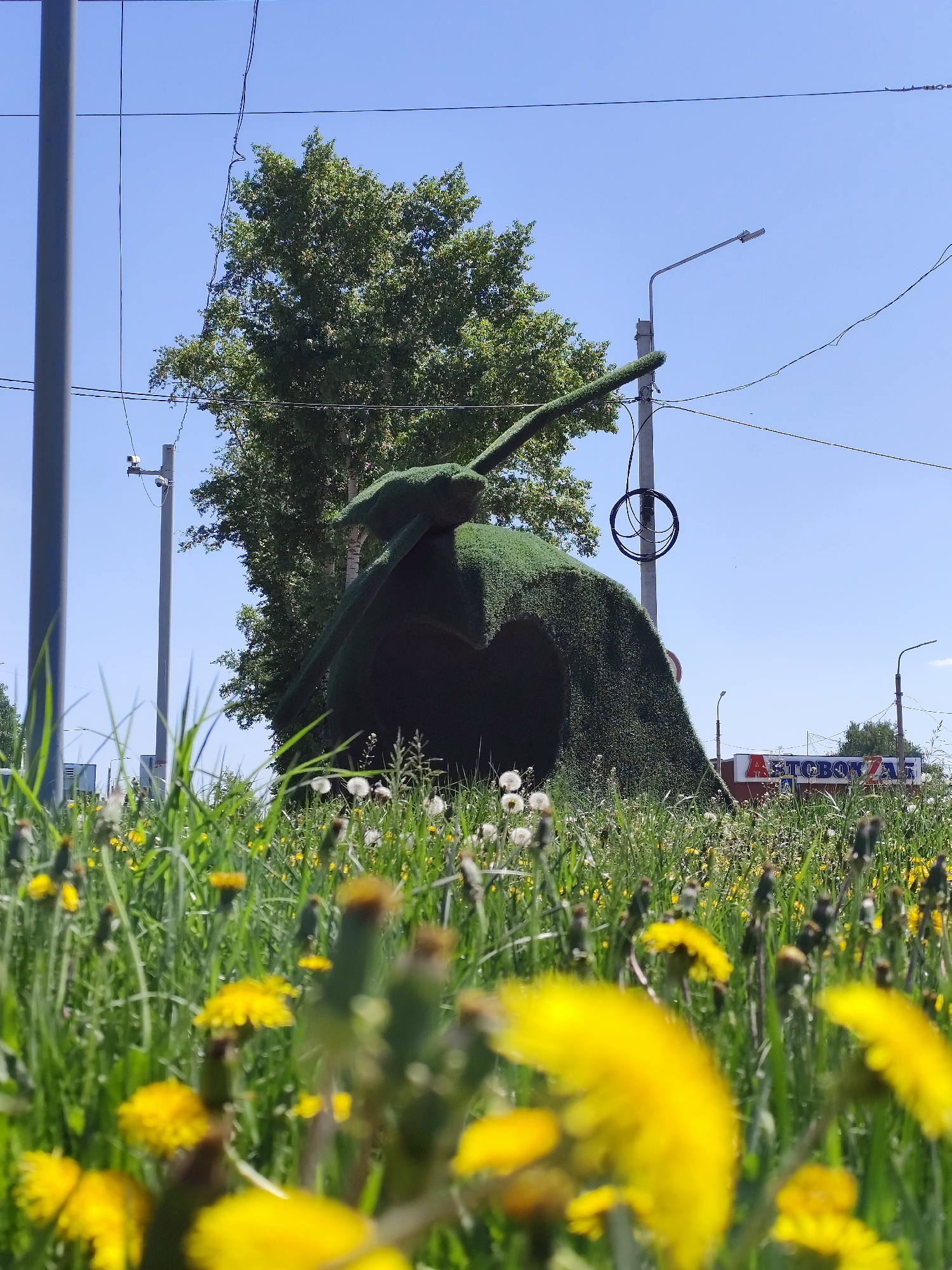 A ground-level view captures a tank-shaped topiary sculpture covered in green vegetation, positioned amidst a field of dandelions. A deciduous tree is behind the sculpture. Electrical poles and wires are also in the background. In the distance, a building with the Cyrillic letters "ABTOBOK3A" (likely signifying "Автовокзал", meaning "bus station") is partially visible. This is the tank topiary at the traffic circle in front of the Chaikovsky bus station in Chaikovsky, Russia. The sky is a clear blue.