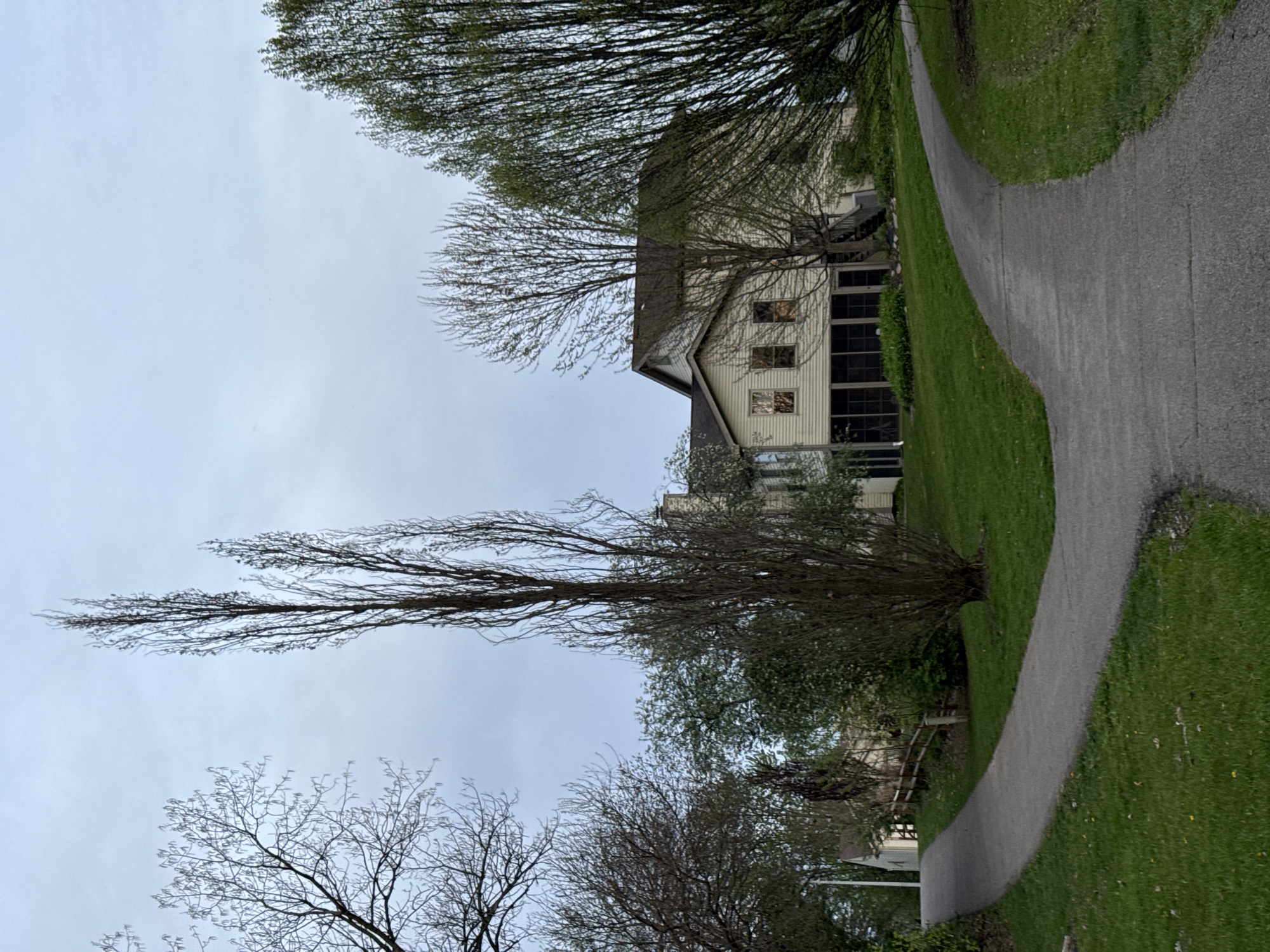 The image depicts a residential scene in Grove City, Ohio, USA. A two-story house with a beige exterior and a screened-in porch is visible. Bare trees surround the house, suggesting late autumn or early spring. A paved pathway curves through the green grass next to the house. The sky is overcast, and the overall lighting is dim. The scene appears quiet and residential.