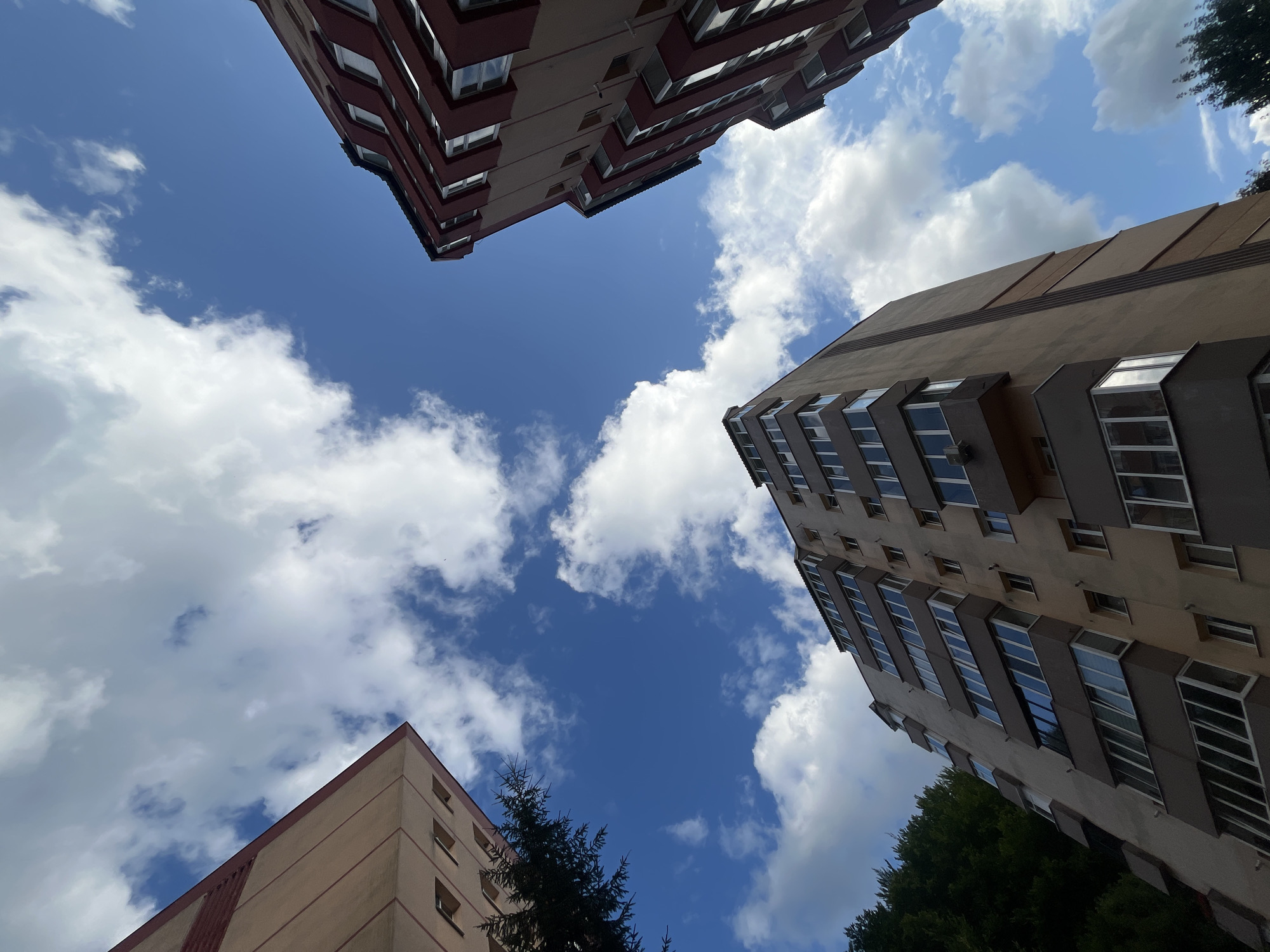 The image captures an upward view of several apartment buildings against a bright blue sky dotted with white, fluffy clouds. The buildings are modern, multi-story structures with numerous windows and balconies. One building, on the right side of the frame, has a distinctive reddish-brown facade with diagonal decorative elements and white-framed windows. Another building, in the center, is a lighter beige color with a more uniform facade and multiple balconies. A third building, partially visible on the left, has a pale pinkish-beige facade with a darker reddish trim along its pitched roofline. Lush green trees are visible in the lower left portion of the image, suggesting a park or residential area with greenery. The perspective is from ground level, looking directly up, emphasizing the scale of the buildings and the expanse of the sky. The scene appears to be located in the city of Brasov, Romania, as indicated by the architectural style and the surrounding foliage, which are typical of residential areas in the region. There are no people or visible activities depicted in the image.