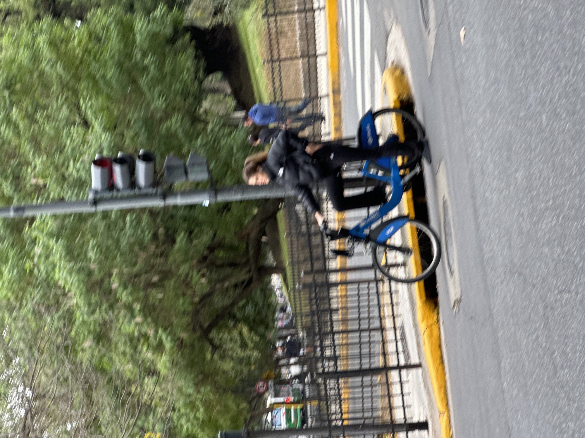 The image captures a scene in Buenos Aires, Argentina. A woman rides a blue shared bicycle on a street adjacent to a park with lush green trees. A traffic light is visible on a pole along the side of the street. Pedestrians can be seen walking in the background. A black metal fence separates the street from a pedestrian zone. The road has yellow painted edges along the curb.