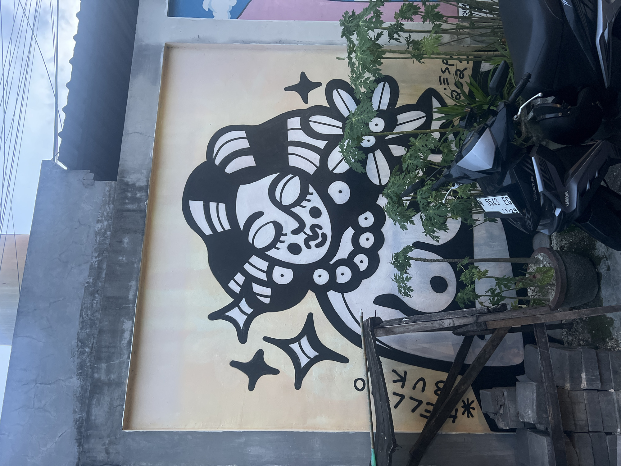 The image shows a mural on a building wall in Tibubeneng, Indonesia. The mural features a stylized black and white design of a woman's face with floral elements and stars. A motorcycle and a potted plant obscure parts of the mural. A wooden structure, possibly scaffolding, and concrete blocks are in the foreground. The building has a corrugated roof visible at the top left. The sky is overcast. The license plate of the motorcycle reads "5543 EG".