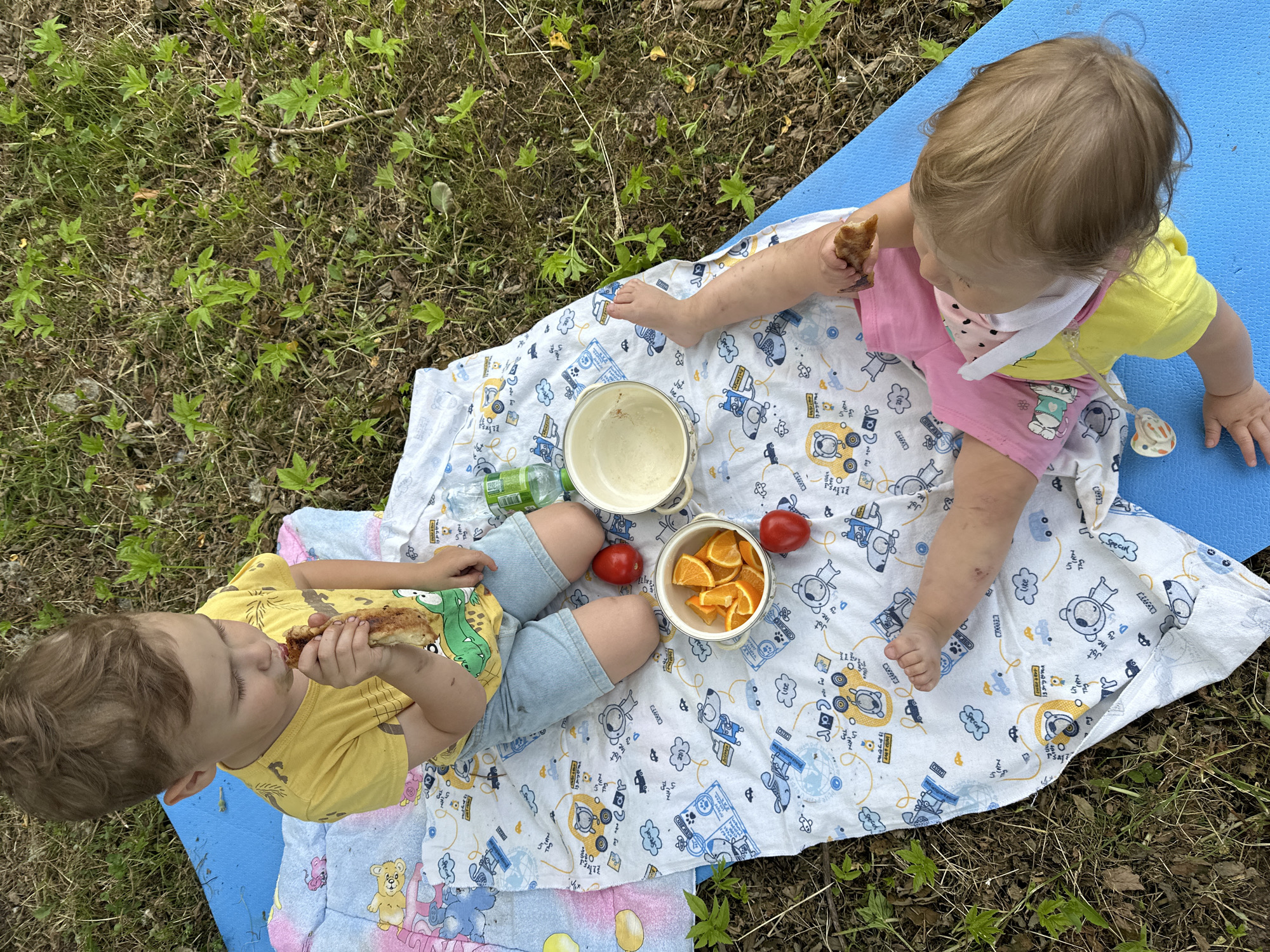 This is an aerial shot of two young children having a picnic on a blanket in a grassy area. The older child, a boy, is wearing a yellow t-shirt and denim shorts and is sitting up, eating a piece of food. The younger child, a baby, is lying down wearing a pink outfit over a yellow shirt and also appears to be eating. On the blanket with them are two small red tomatoes, a bowl of sliced oranges, an empty pot, and a bottle of water. The background is predominantly green grass and some dry leaves. There is no visible indication of the location being in Nizhny Novgorod, Russia, or any urban setting.