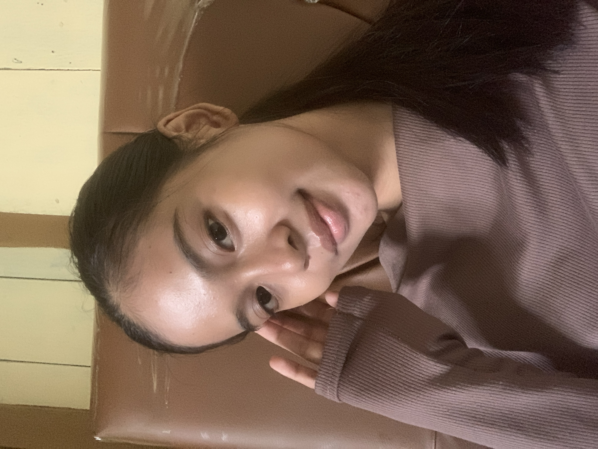 A young woman with dark hair pulled back in a ponytail and light-toned skin is seated in what appears to be a leather chair. She is looking at the camera and resting her left hand on the side of her face. The woman is wearing a mauve-colored ribbed long-sleeved shirt. The background consists of a brown leather chair and a wall with light-colored panels. The lighting suggests an indoor setting.