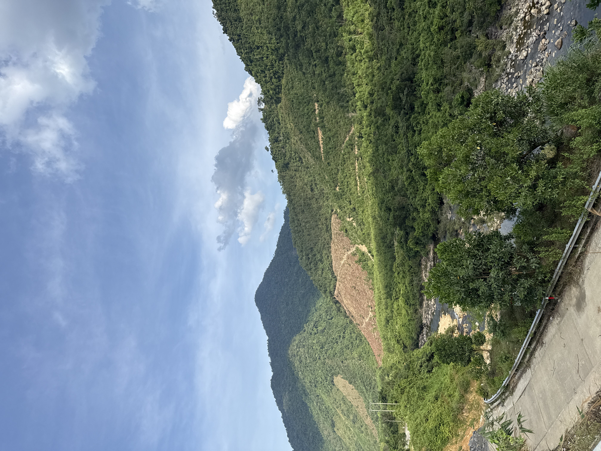 A mountainous landscape is depicted under a partly cloudy sky. The slopes of the mountains are densely covered in green vegetation. A section of the mountainside appears to have been cleared, revealing brown earth. A riverbed filled with rocks is visible alongside the greenery. A concrete barrier lines a road, and power lines are also present. This image appears to be taken in a rural or semi-rural area of Đà Nẵng, Vietnam, near the mountains.