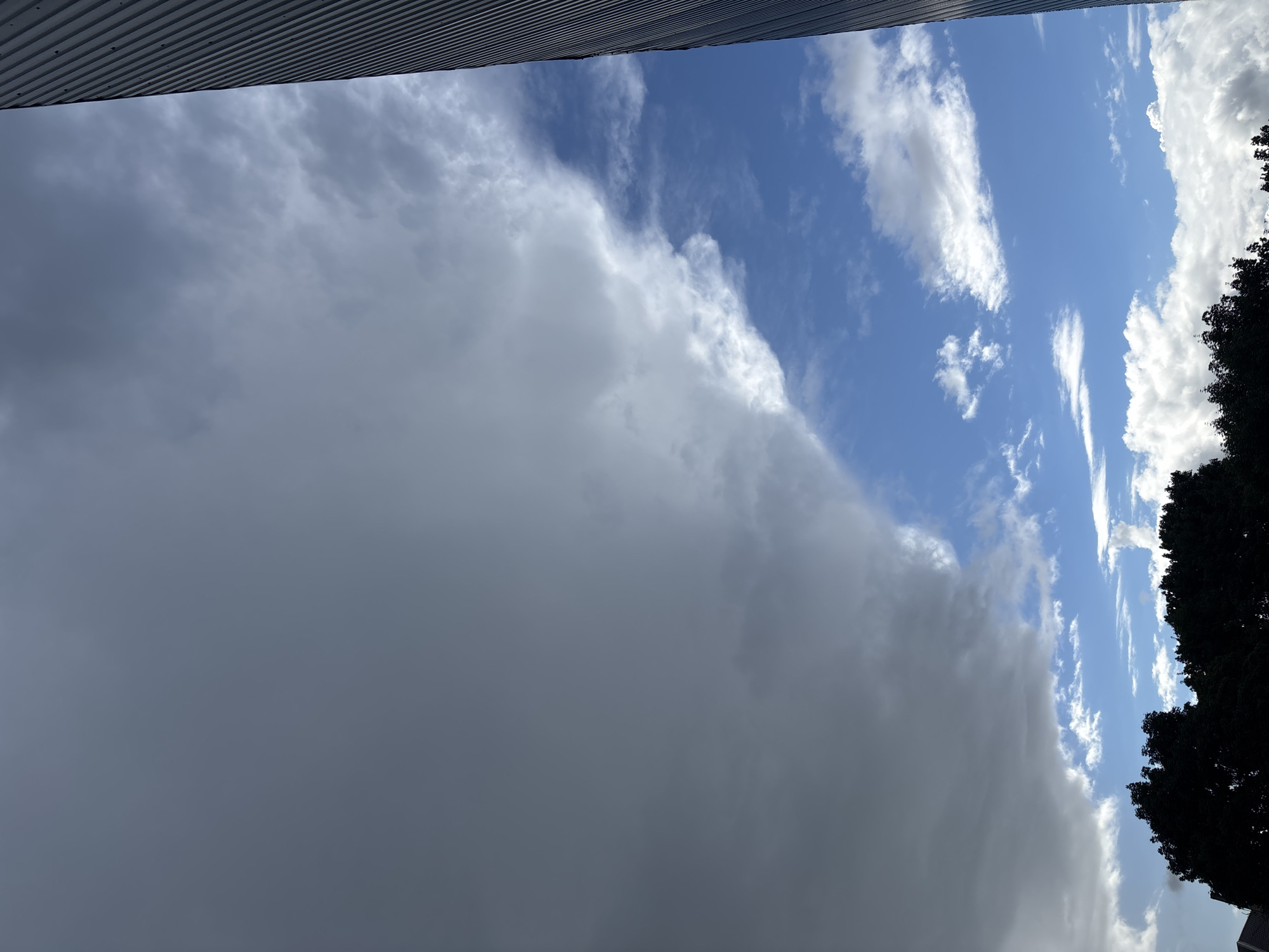 The image displays a cloudy sky with a stark contrast between dark, ominous clouds on the left and brighter, scattered clouds against a blue sky on the right. A tall, ribbed structure, likely part of a building, is visible along the right edge of the frame. Silhouetted tree tops are visible at the bottom of the image. The scene appears to be an outdoor urban environment in Ostrov, Russia.