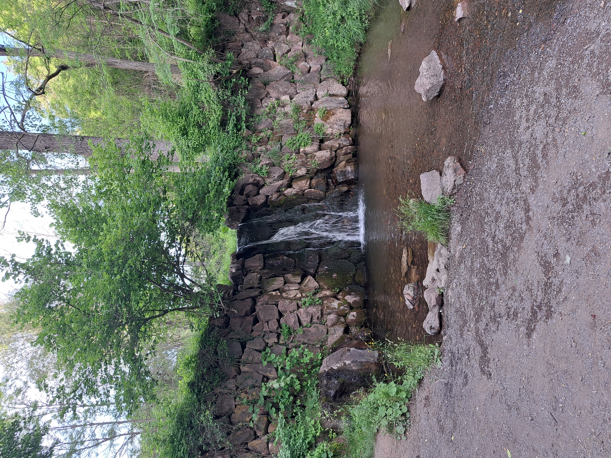 The image depicts a small waterfall cascading over a stone wall into a shallow, rocky stream. Lush green trees and foliage surround the scene, suggesting a natural, woodland setting. The water appears clear, and the rocks in the streambed are visible. The stone wall, constructed from rough-hewn rocks, has plants growing in its crevices, adding to the natural aesthetic. A dirt path runs alongside the stream, indicating a possible hiking or walking trail. The lighting suggests it is daytime, with no strong shadows visible, perhaps indicating an overcast or gently sunny day. The overall mood is serene and tranquil, characteristic of a natural landscape. No people, text, or specific events are visible in the image. The location is given as Lokorsko, Bulgaria.