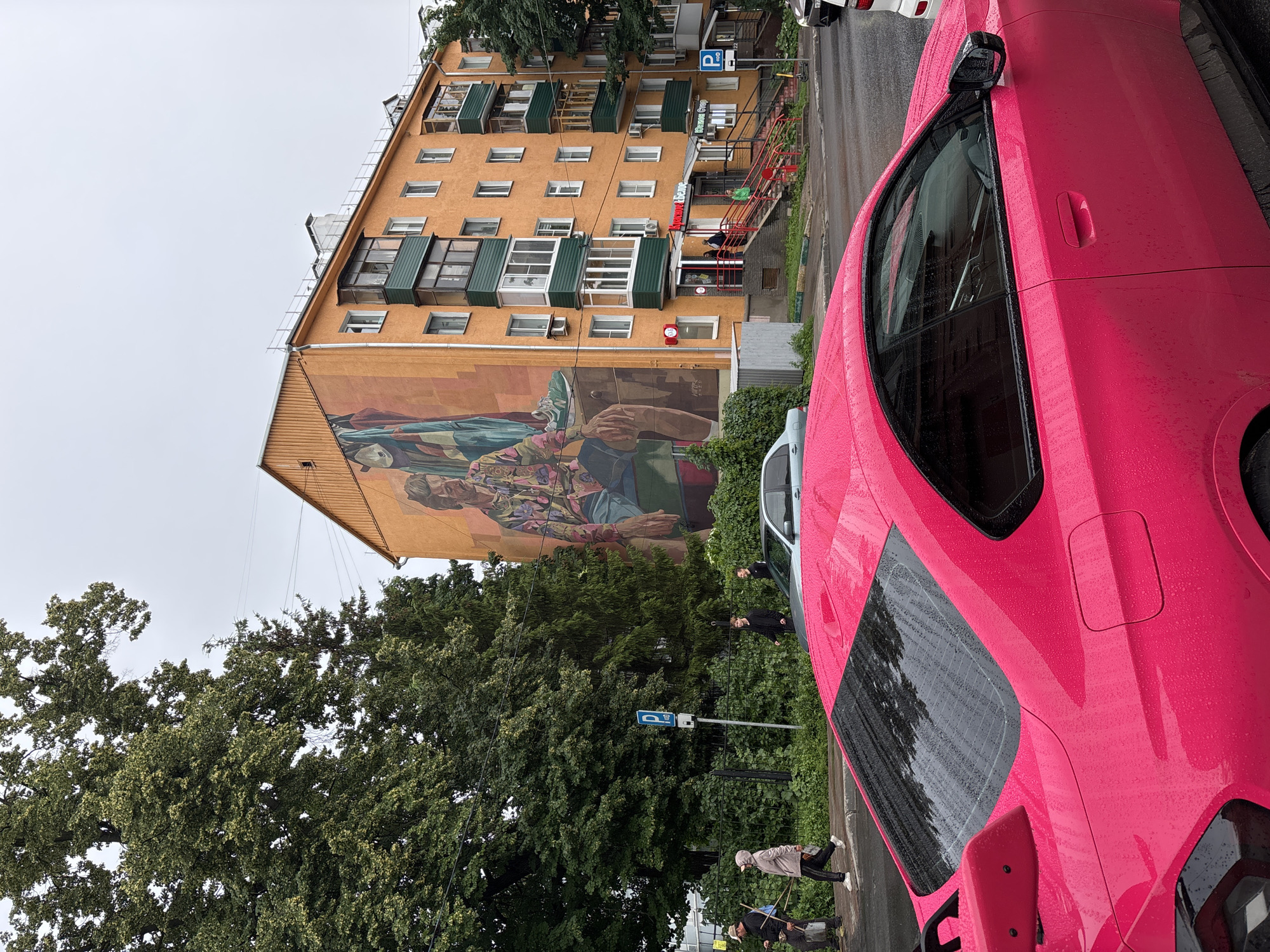 The media file depicts a street scene in Nizhny Novgorod, Russia, on an overcast day, likely in the late morning or afternoon, given the ambient light. A bright pink car, wet from rain, is parked on the right side of the frame, its glossy surface reflecting the muted sky and surrounding foliage. The car's windows are dark, obscuring the interior.
To the left of the car is a multi-story building with an orange facade, adorned with a large mural featuring two figures. The mural depicts what appears to be a seated person in the foreground, wearing vibrantly colored clothing, and another figure partially visible behind them, draped in green and blue fabric. The building itself has numerous windows, many with green awnings or enclosed balconies. Some windows are open, revealing glimpses of the interior.
A narrow street runs alongside the building and the car. A few people are visible on the sidewalk and street. One person in a light-colored jacket and cap is walking away from the camera, holding what appears to be a broom and a stick. Another person in dark clothing is standing near a bush. A blue parking sign is mounted on a pole on the sidewalk. Green trees and bushes are abundant, particularly in the lower left portion of the frame, suggesting a residential area with some greenery. The overall mood is calm and ordinary, with the rain having just passed or still lightly falling, as evidenced by the water droplets on the car.